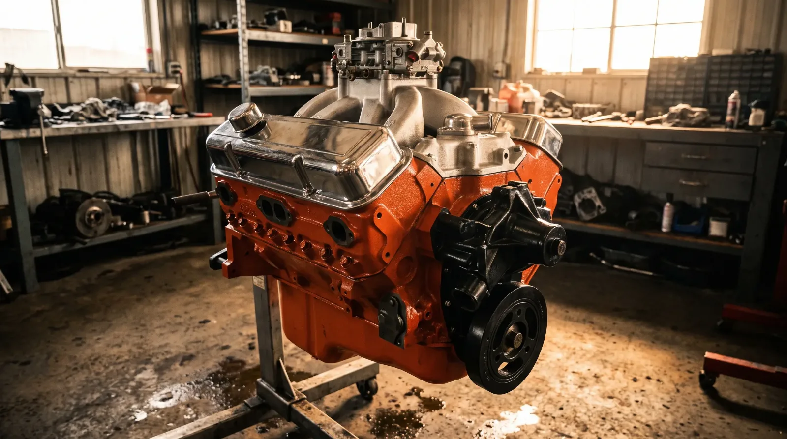 Rebuilt classic American big-block V8 engine on a shop stand