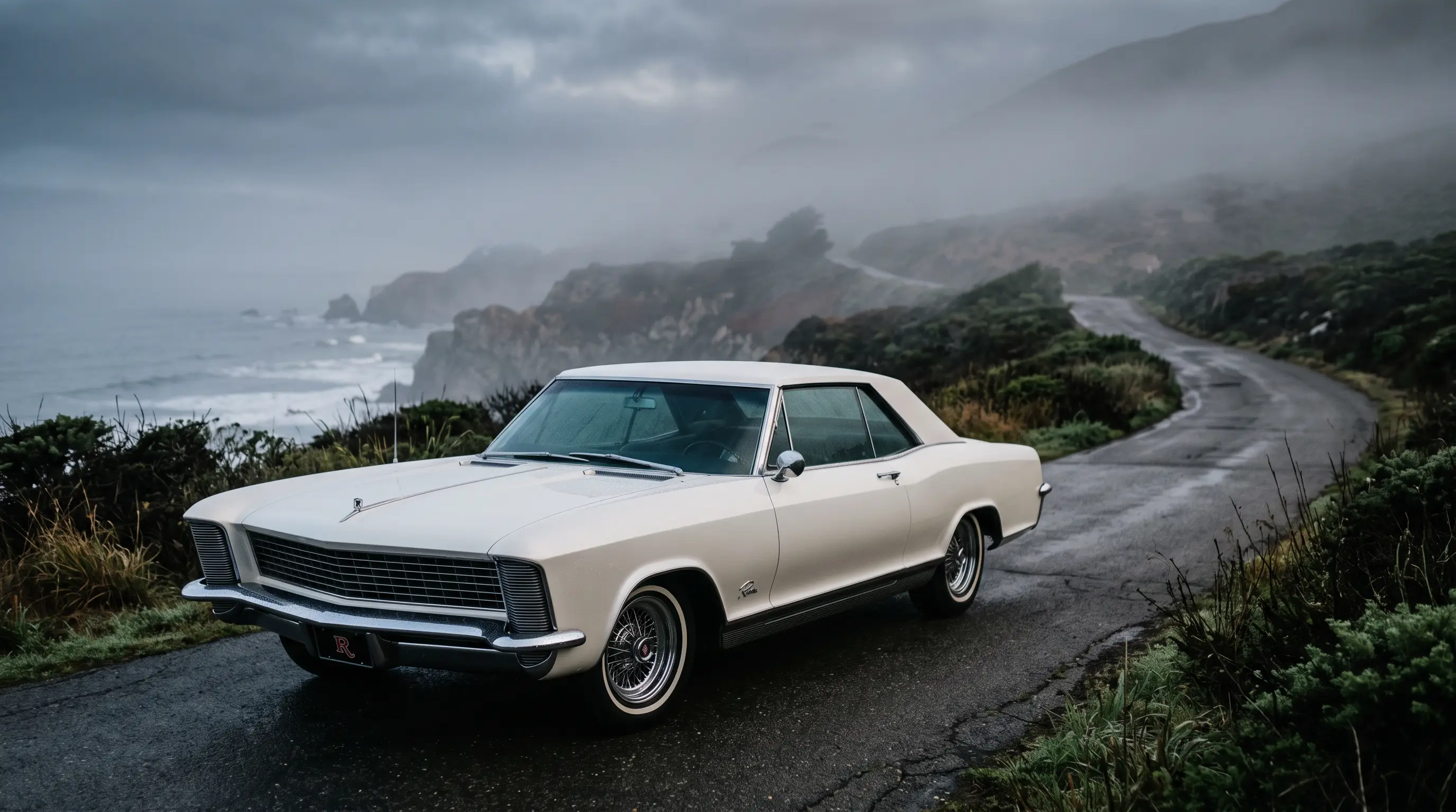 Pearl white 1965 Buick Riviera with hidden headlights on a fog bound coastal road