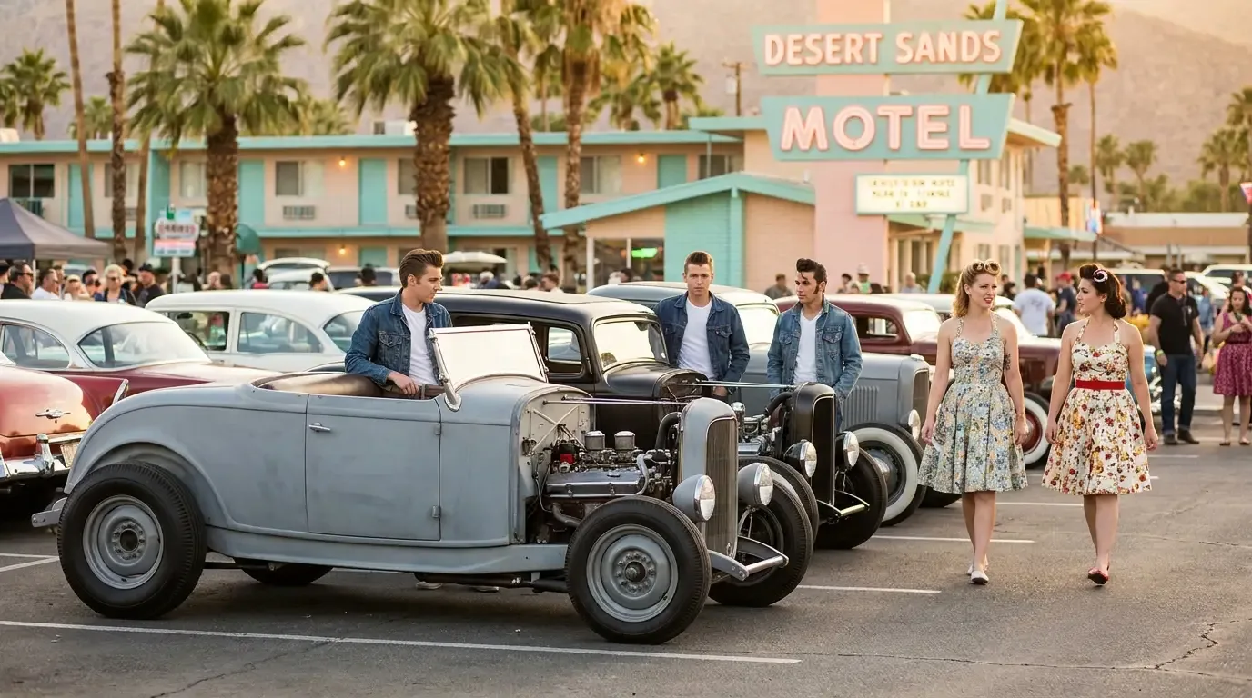 Traditional pre-1960 hot rods parked at a rockabilly weekender festival, with a primer-gray channeled '32 Ford roadster, pompadoured men in cuffed denim, women in vintage dresses, palm trees and mid-century motel neon in golden-hour desert light
