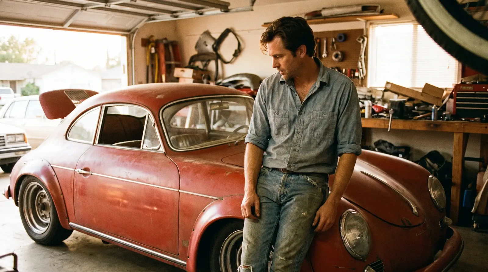 A craftsman leans against a hand-modified Porsche 356 outlaw coupe in a sun-lit 1990s Southern California garage