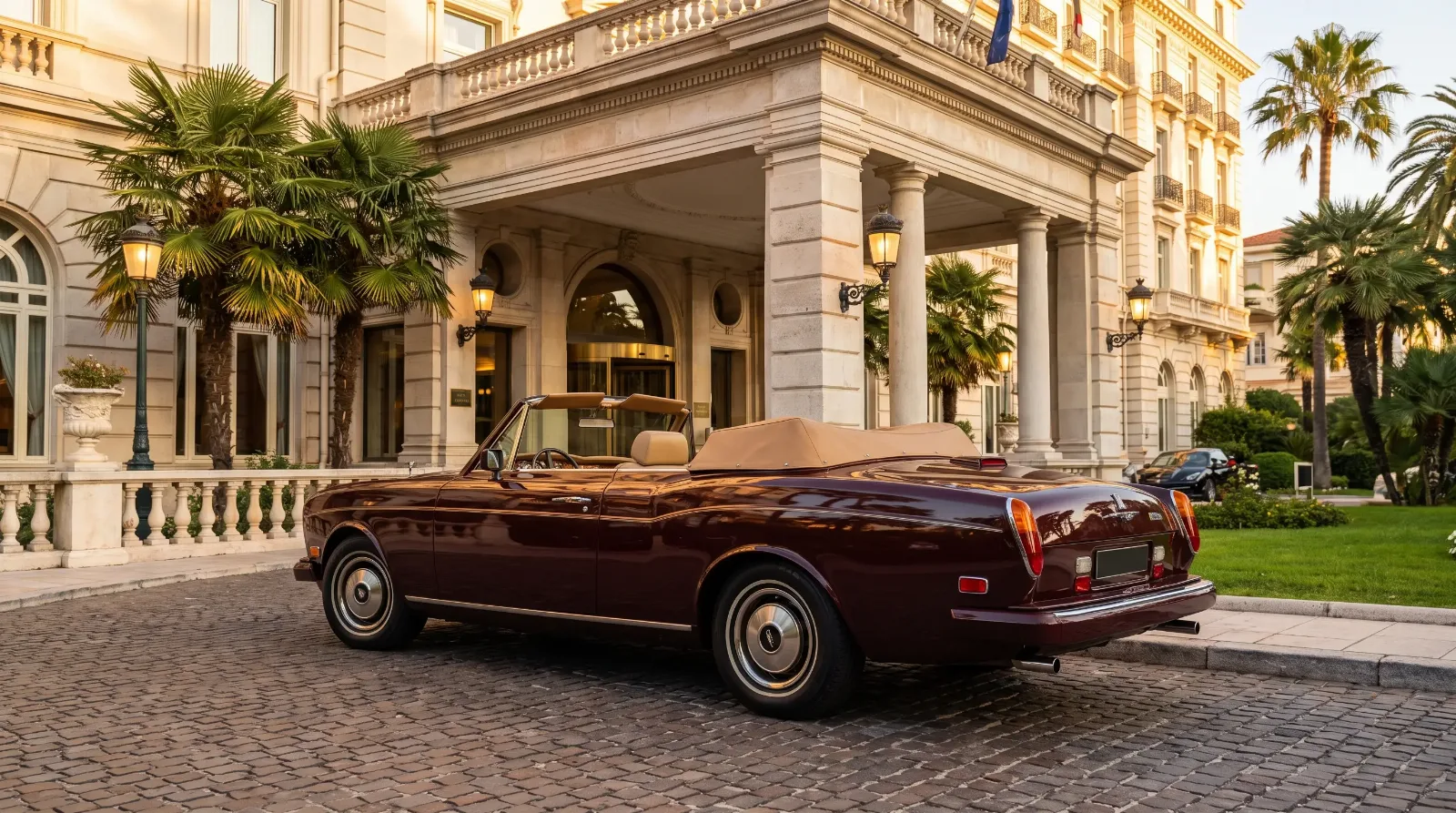 1972 Rolls-Royce Corniche convertible with the top down parked beside an elegant hotel portico