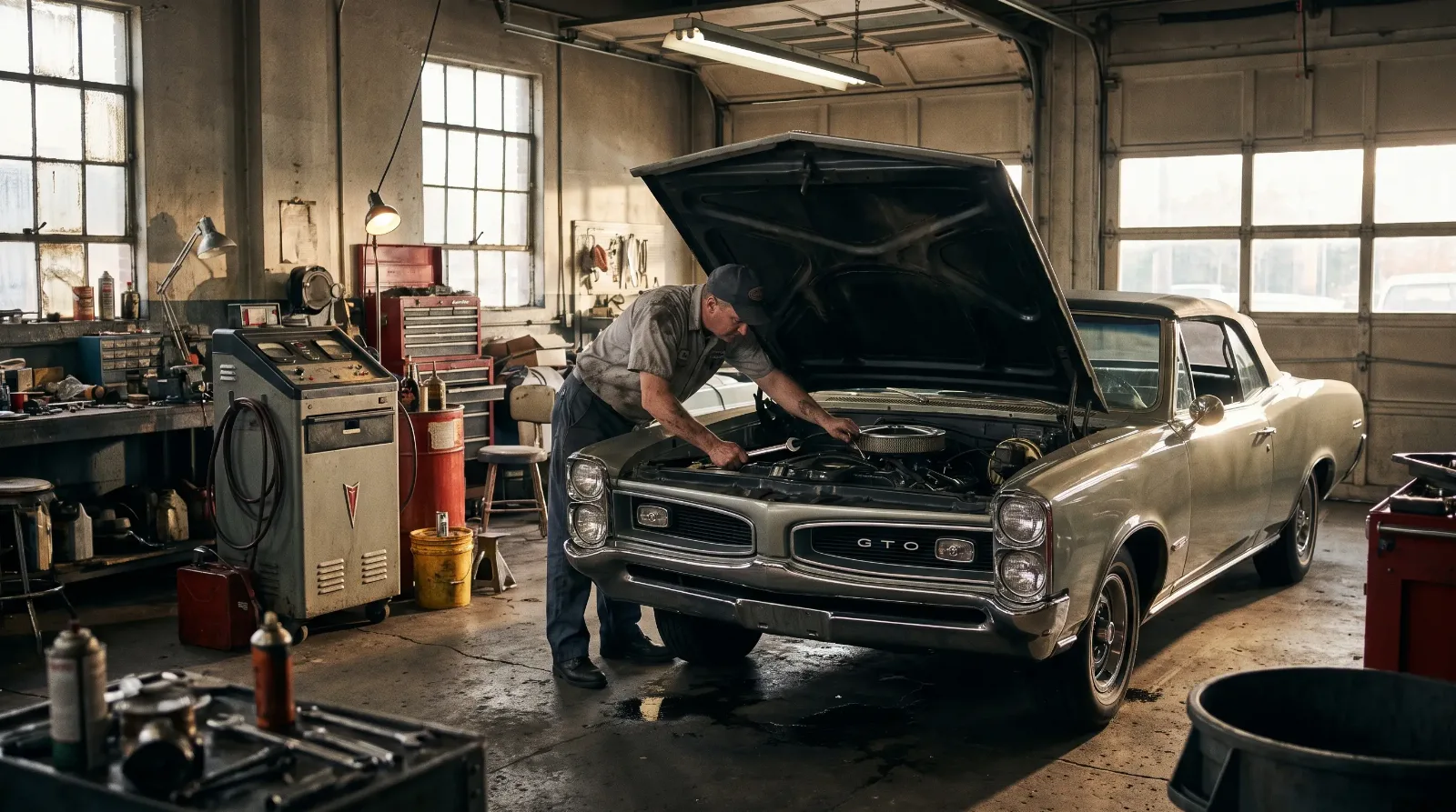 1960s Pontiac dealership mechanic tuning GTO engine