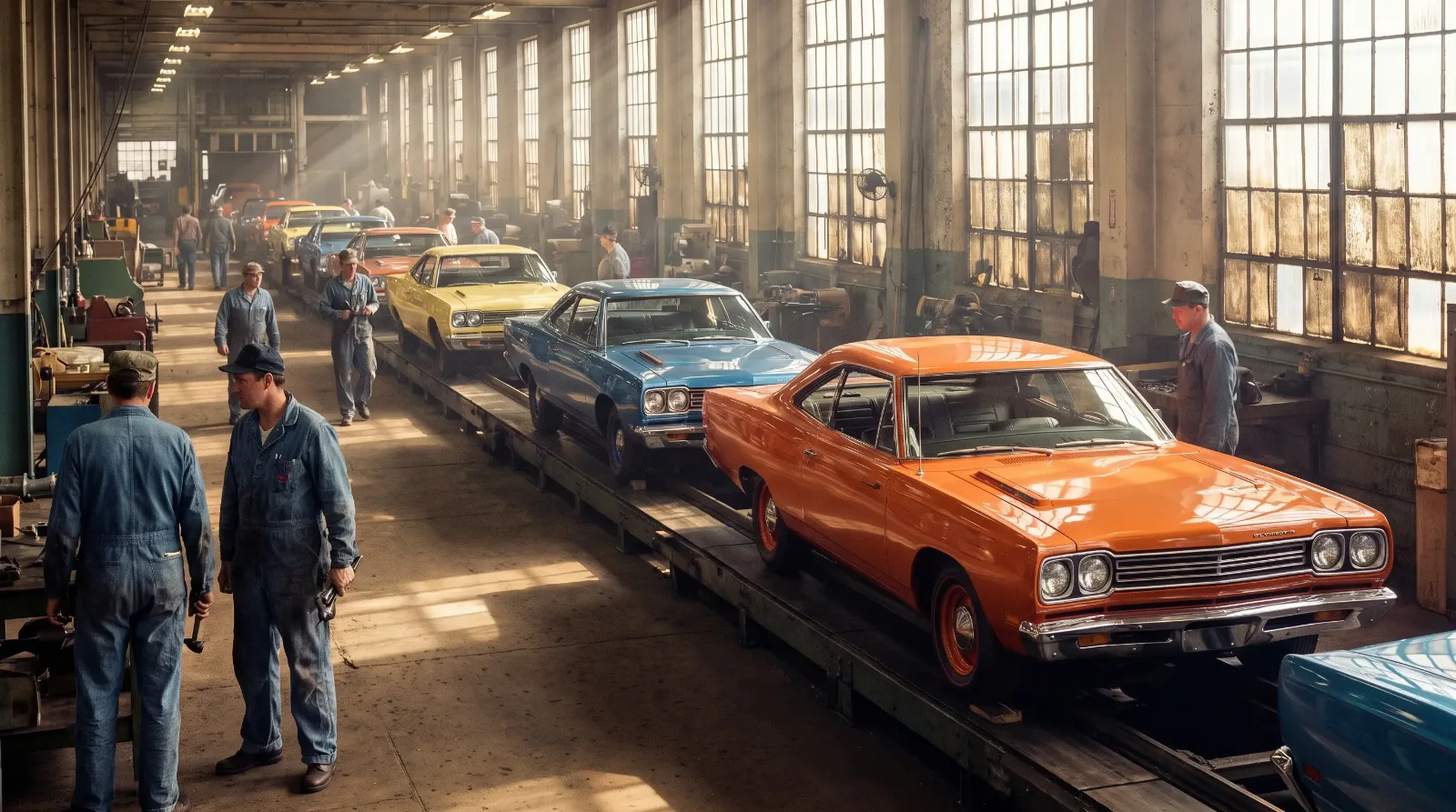 Row of 1968 Plymouth Road Runners on factory production line