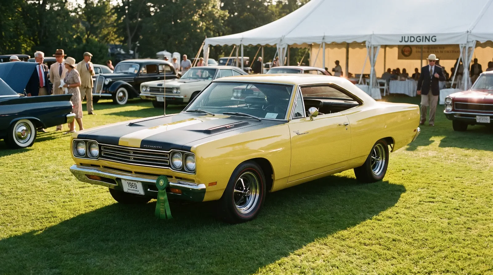 Pristine restored 1969 Plymouth Road Runner at a classic car show
