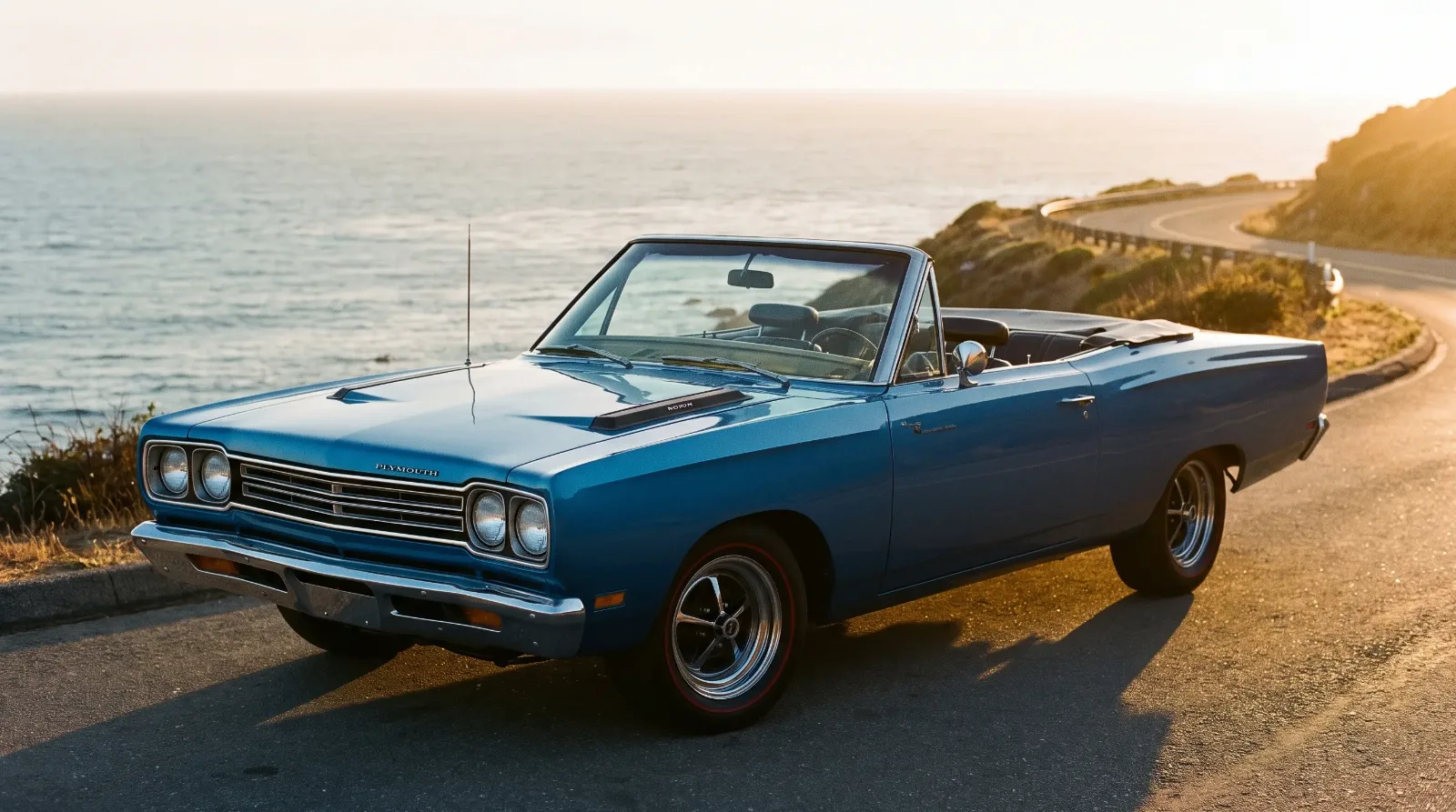 1969 Plymouth Road Runner convertible with top down, three-quarter front view