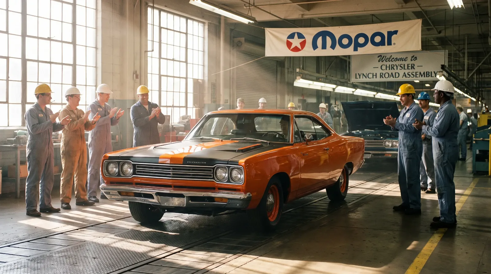 1969 Plymouth Road Runner on a period Chrysler assembly line