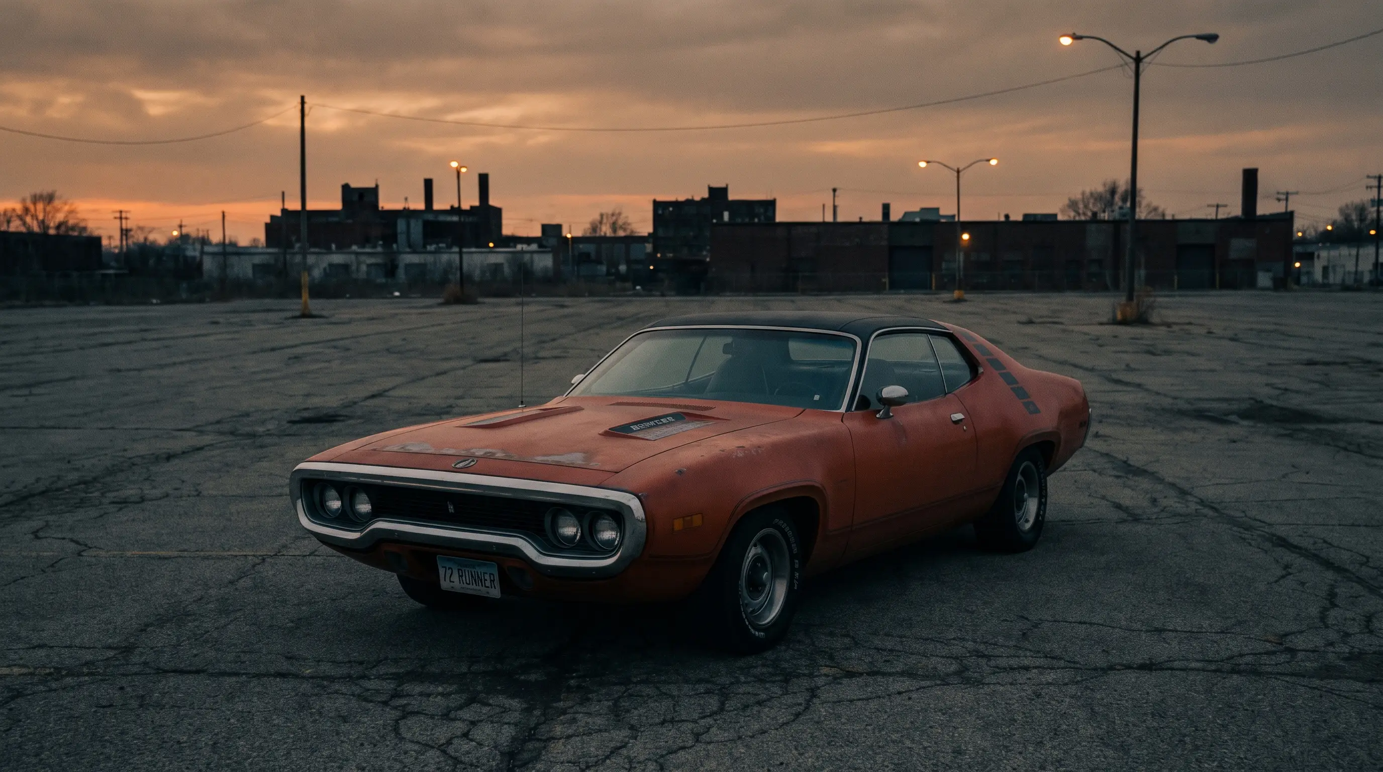 1972 Plymouth Road Runner parked alone in a vast empty lot at dusk