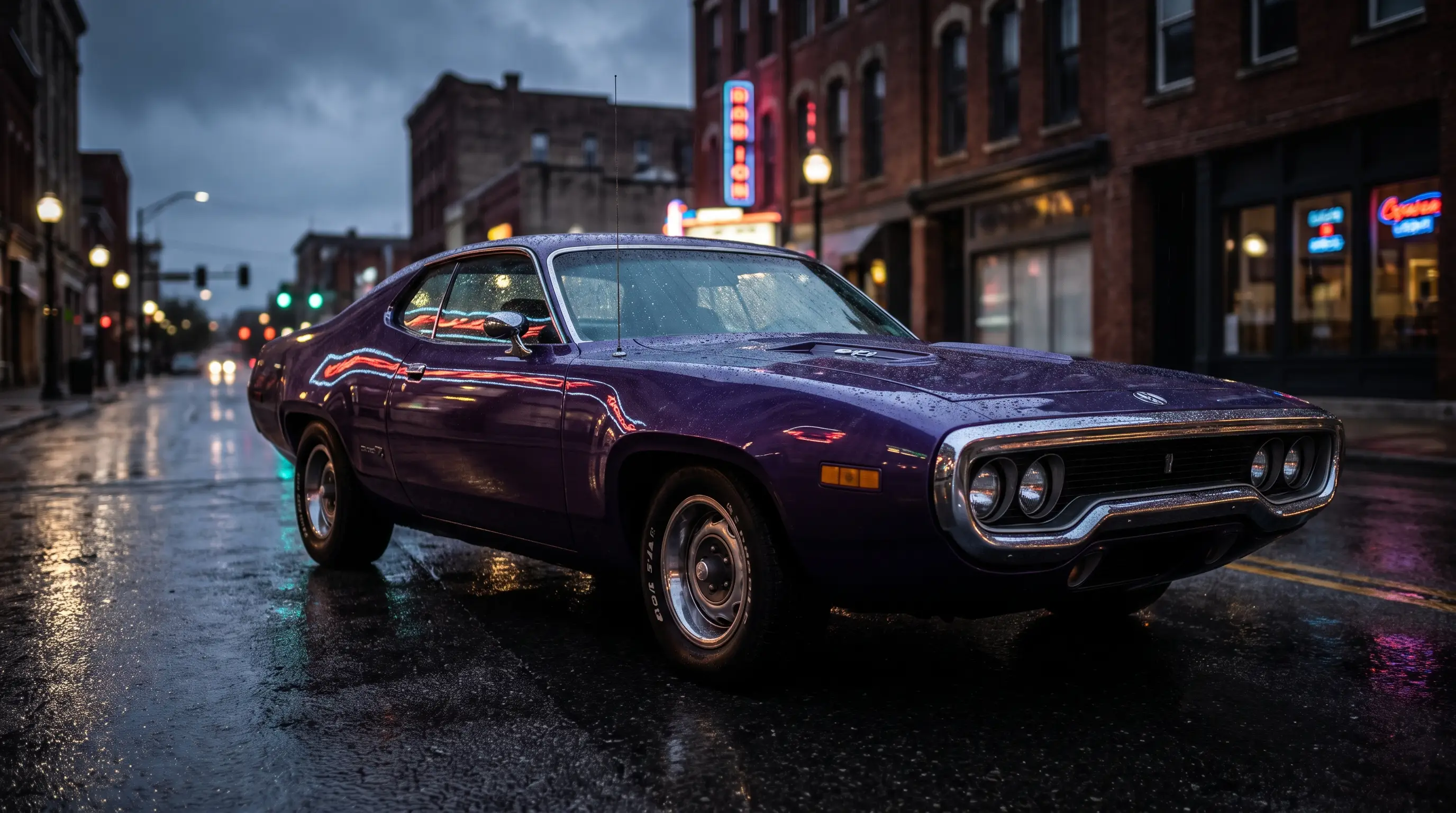 Purple 1971 Plymouth Road Runner with fuselage body on a rainy neon lit street
