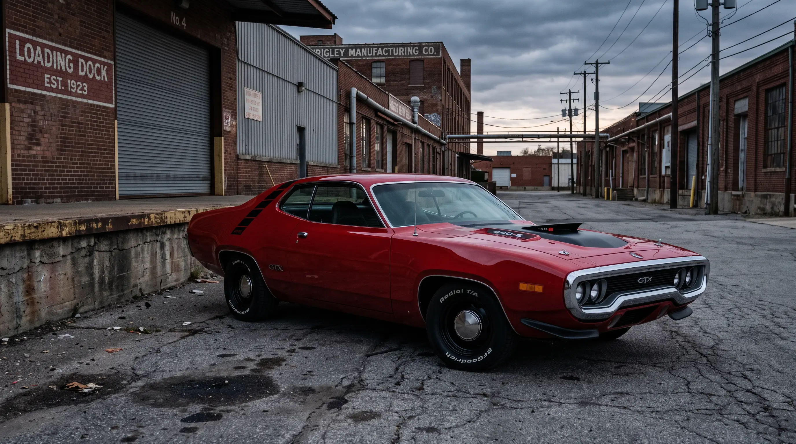Red 1971 Plymouth Road Runner with GTX badging parked at a loading dock at dusk