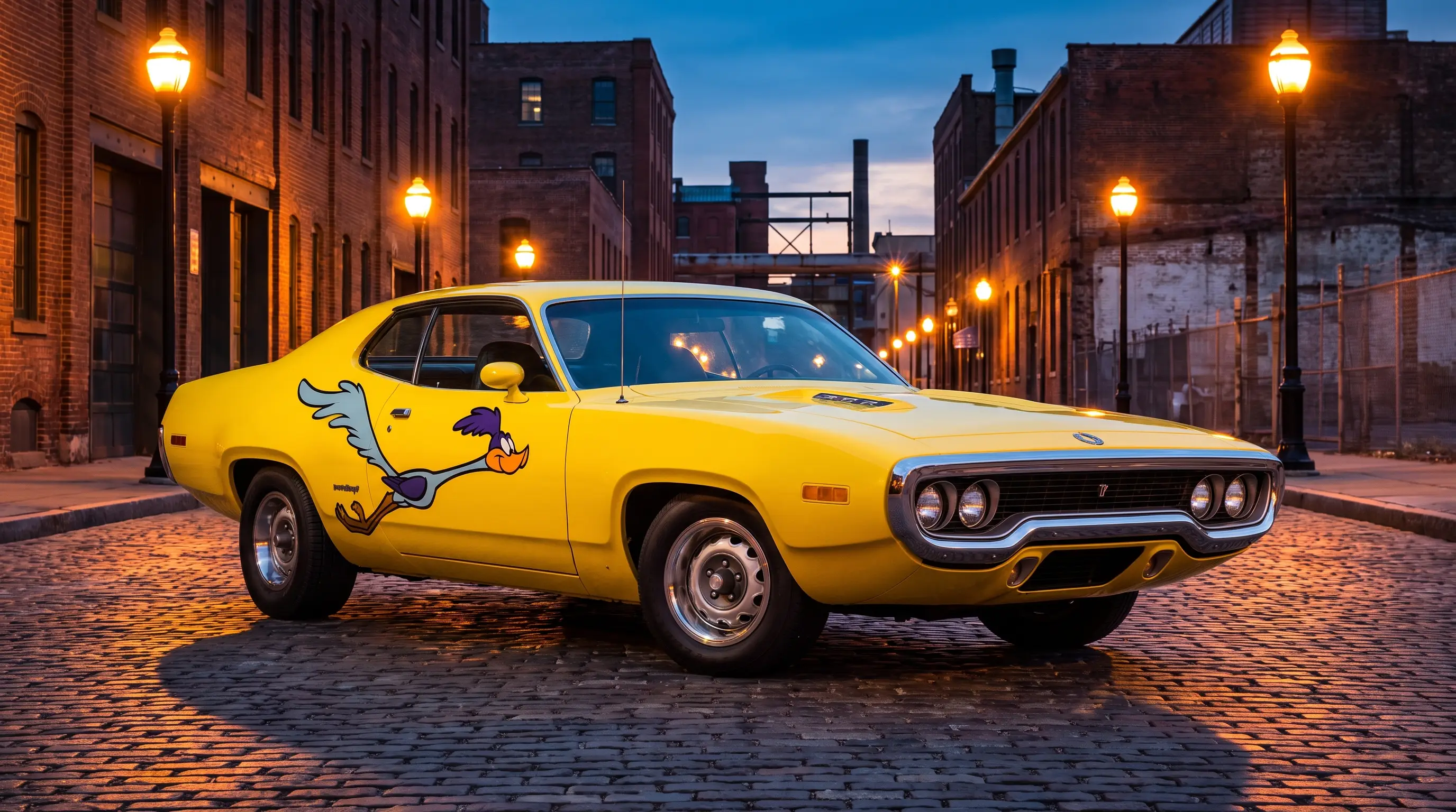 Yellow 1972 Plymouth Road Runner on an urban street at dusk