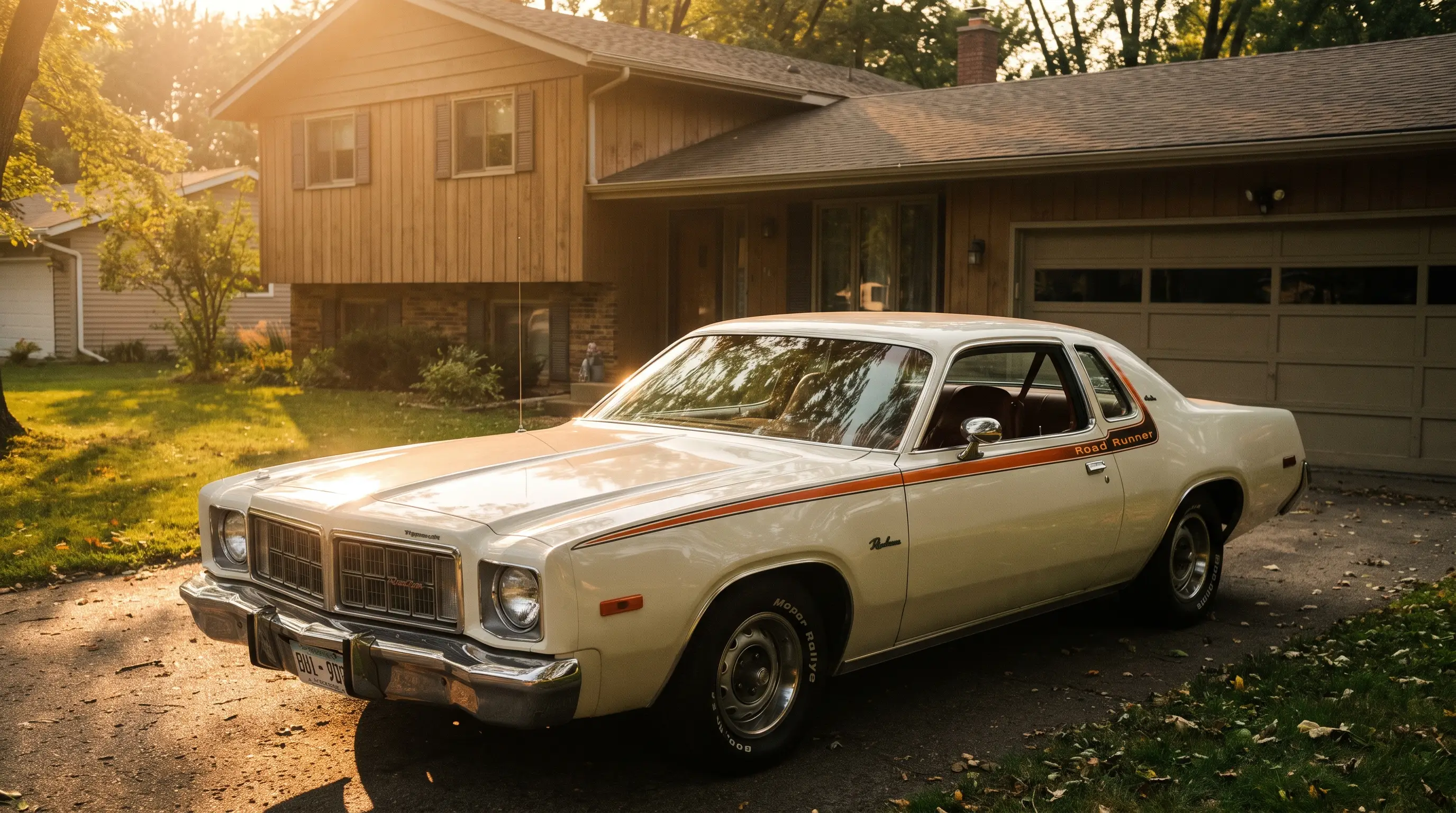 1975 Plymouth Road Runner parked in a suburban driveway at golden hour