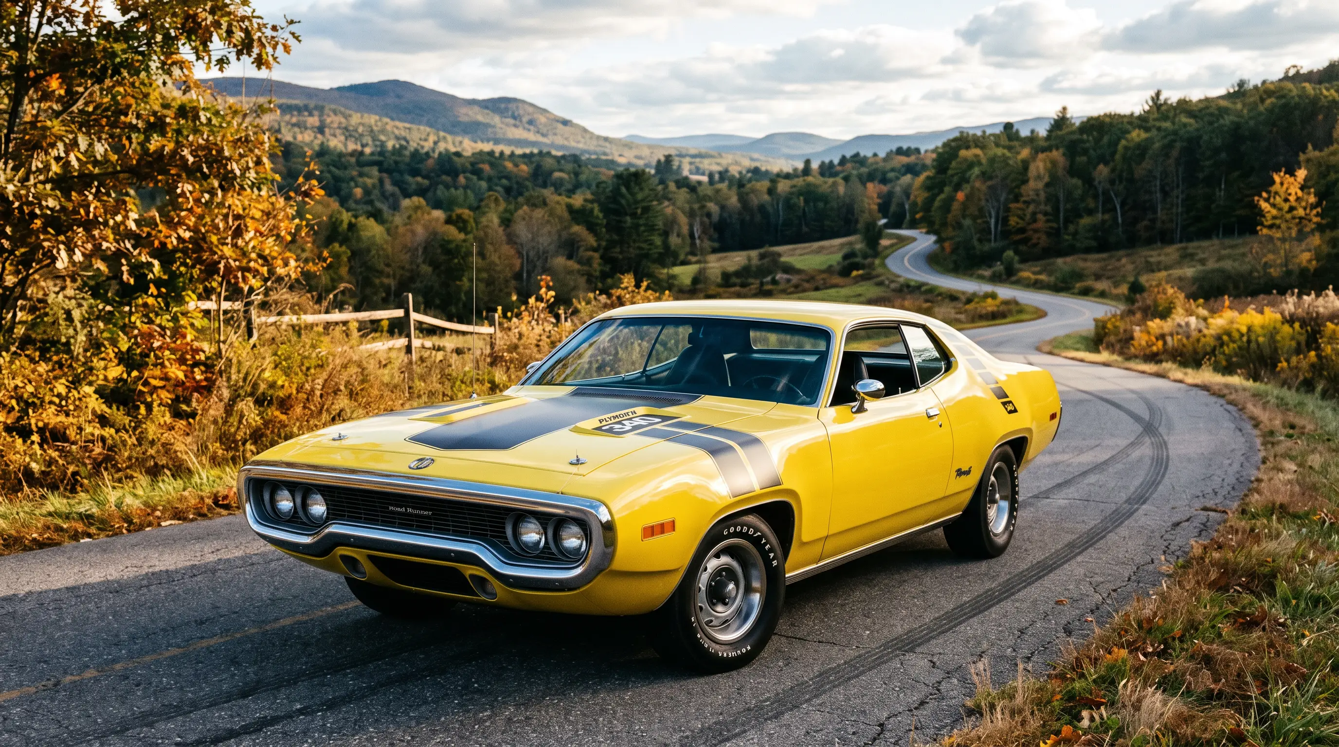 Yellow 1971 Plymouth Road Runner with 340 small block engine on a country road