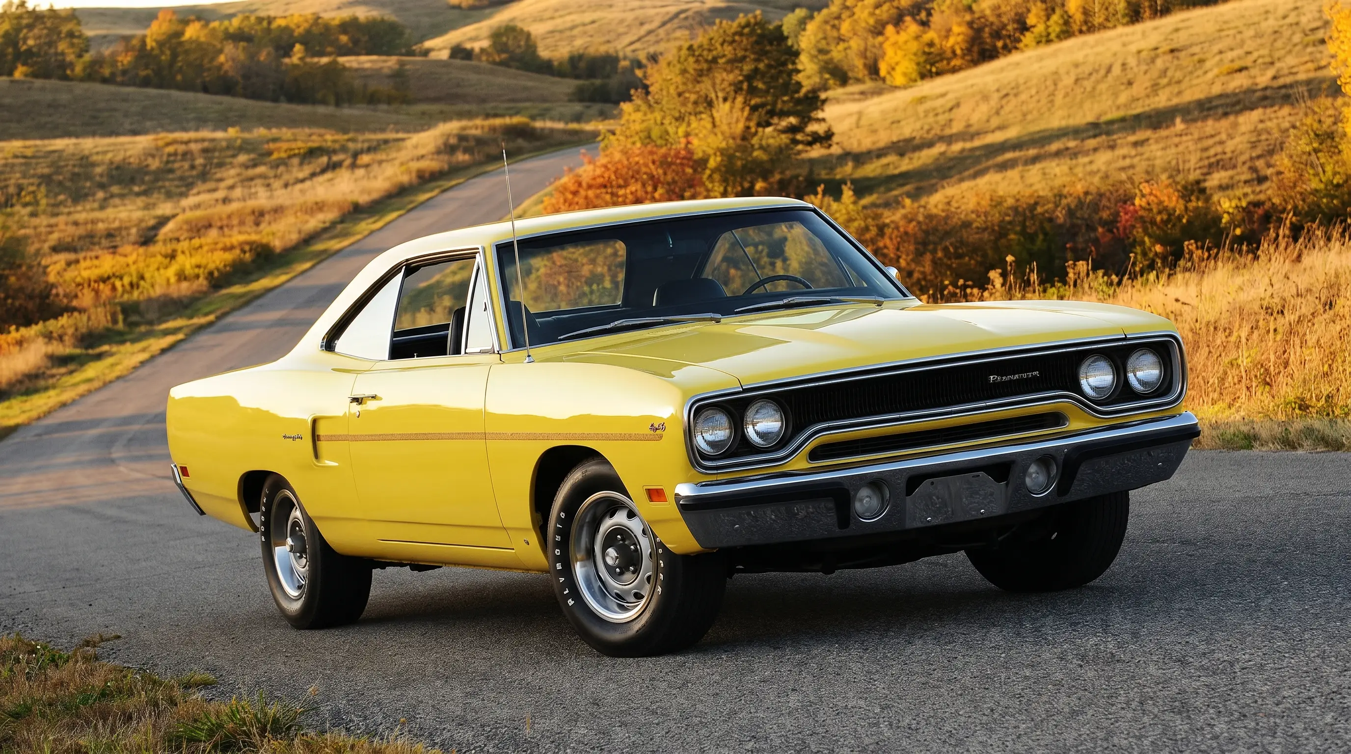1970 Plymouth Road Runner 340 in yellow on a winding backroad through hills