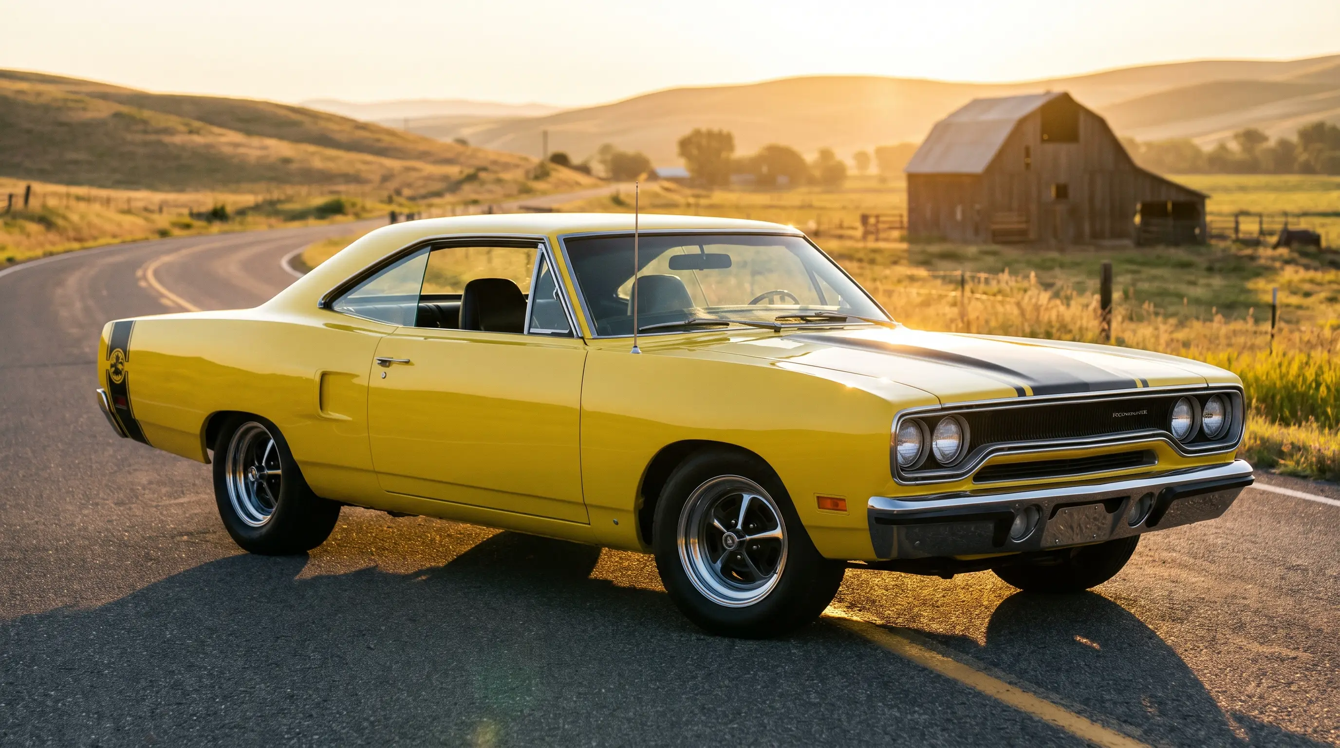 Yellow 1970 Plymouth Road Runner with bumblebee stripe on a country road at sunrise
