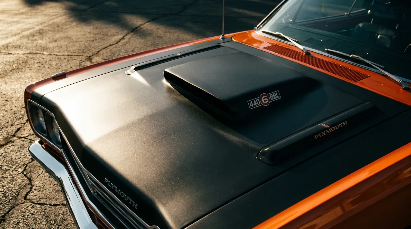 1969 Plymouth Road Runner A12 with matte black fiberglass lift-off hood