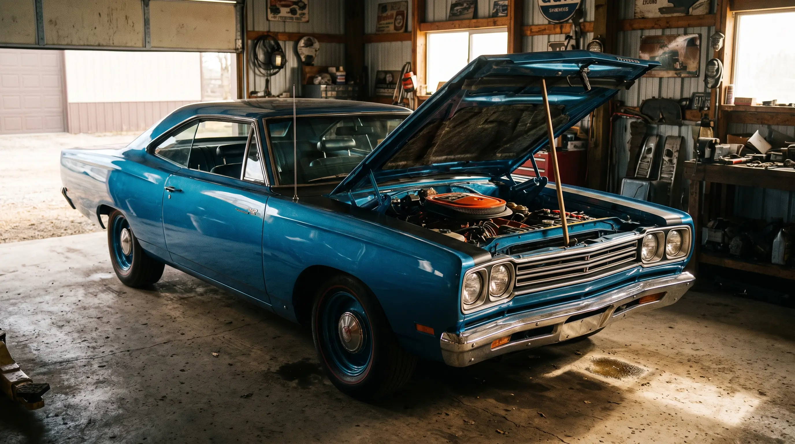 Blue 1969 Plymouth Road Runner A12 with fiberglass lift off hood propped open