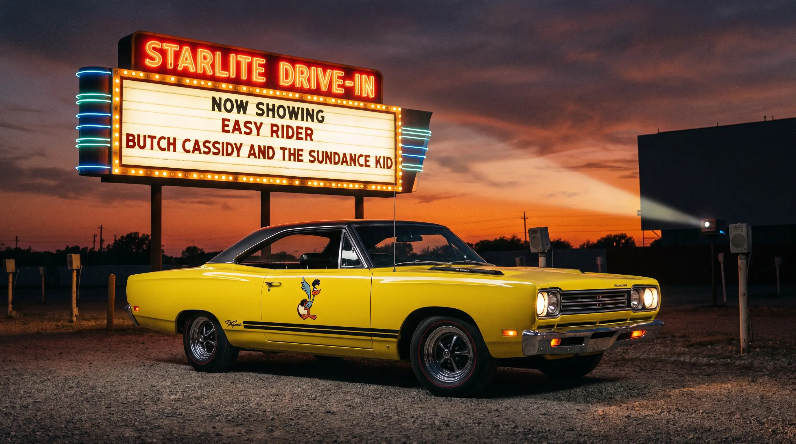 Yellow 1969 Plymouth Road Runner parked at a vintage drive in theater at dusk