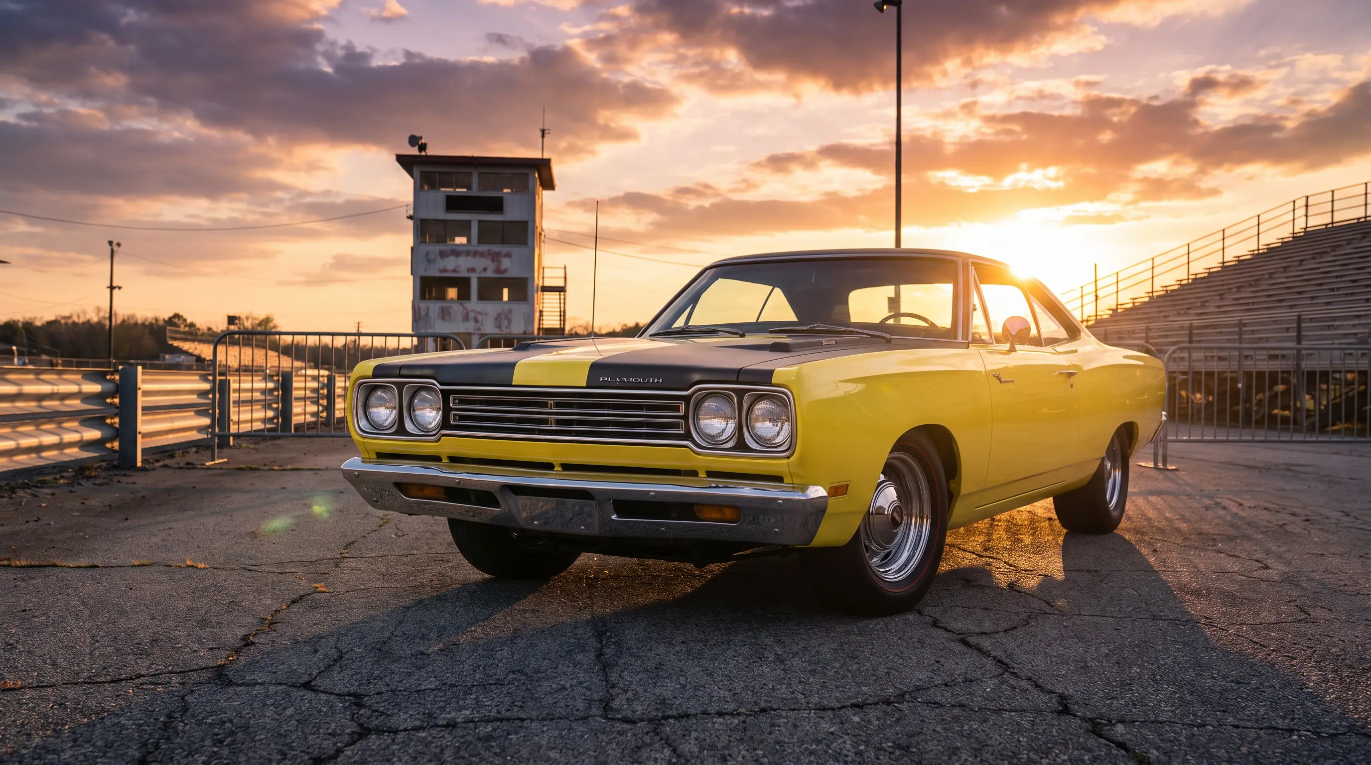 Yellow 1968 Plymouth Road Runner parked at a drag strip in golden light