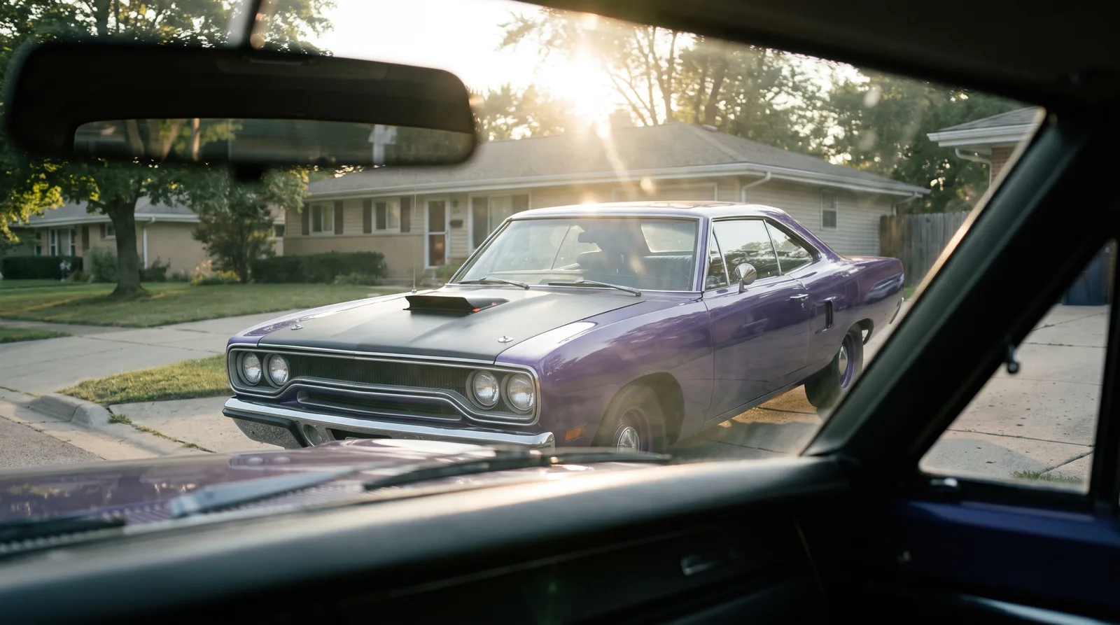 1970 Plymouth Road Runner: Air Grabber scoop open in driveway