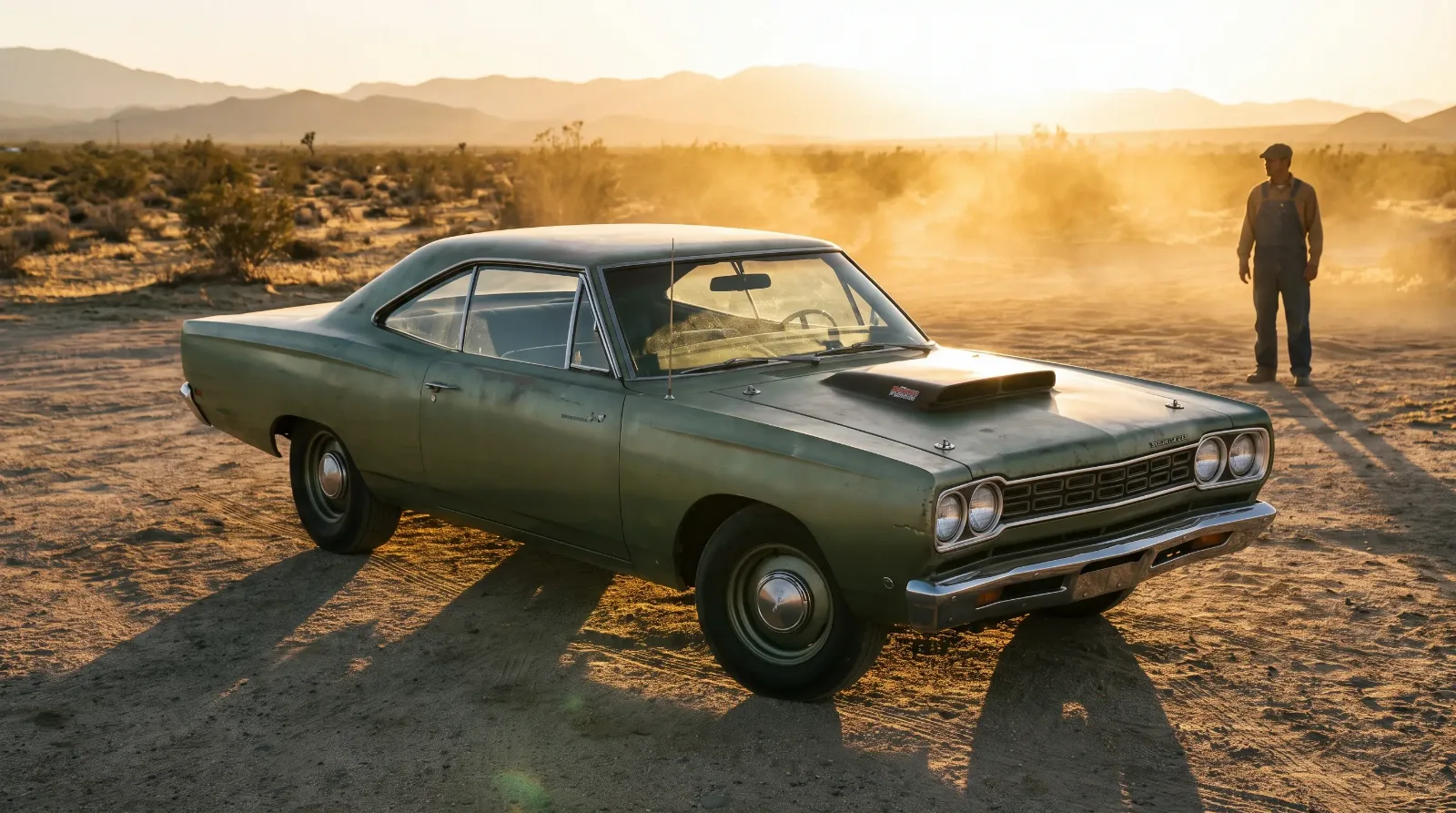 Stripped-down 1968 Plymouth Road Runner base model, three-quarter front view