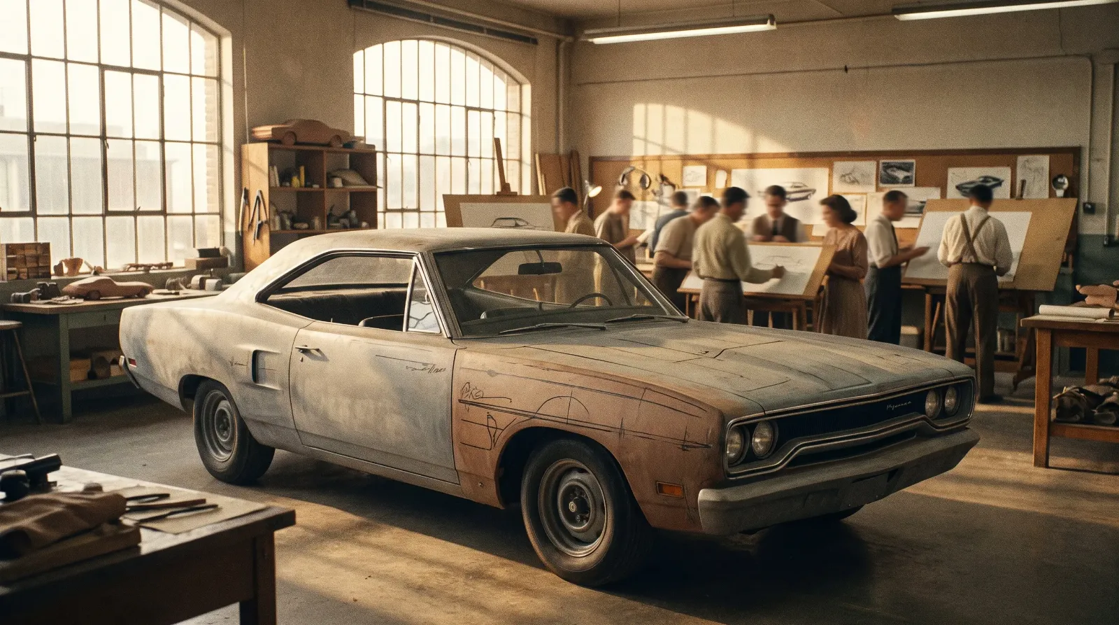 Early prototype Plymouth Road Runner concept car in design studio