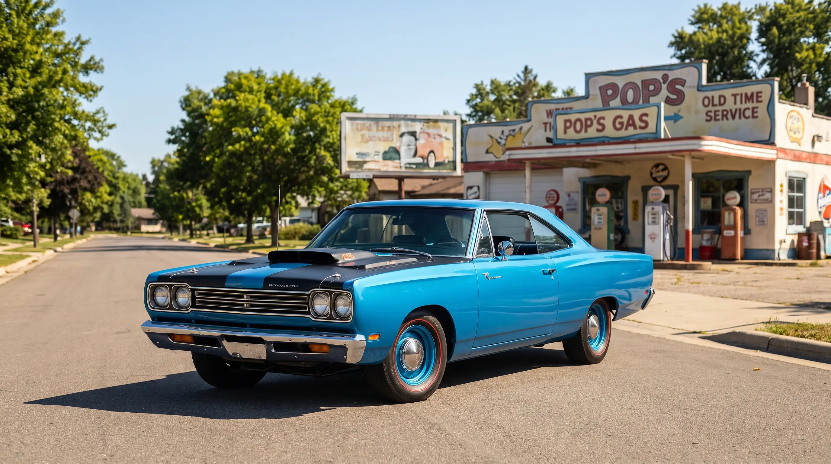 Blue 1969 Plymouth Road Runner on a suburban street in bright sun