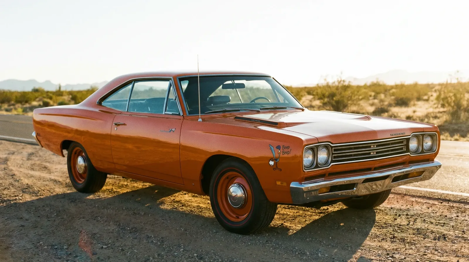 Classic Plymouth Road Runner with cartoon bird decal, three-quarter front view