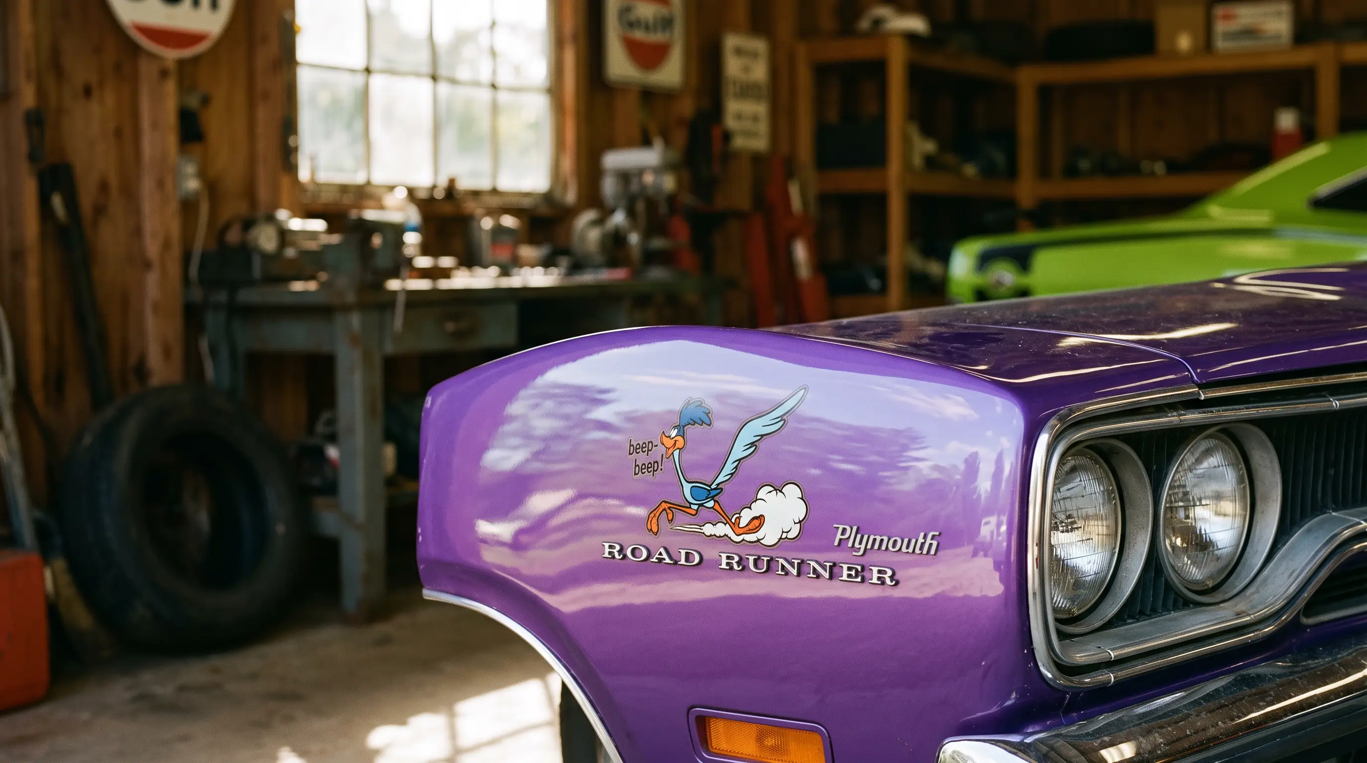 Close up of a Plymouth Road Runner fender with its cartoon bird decal