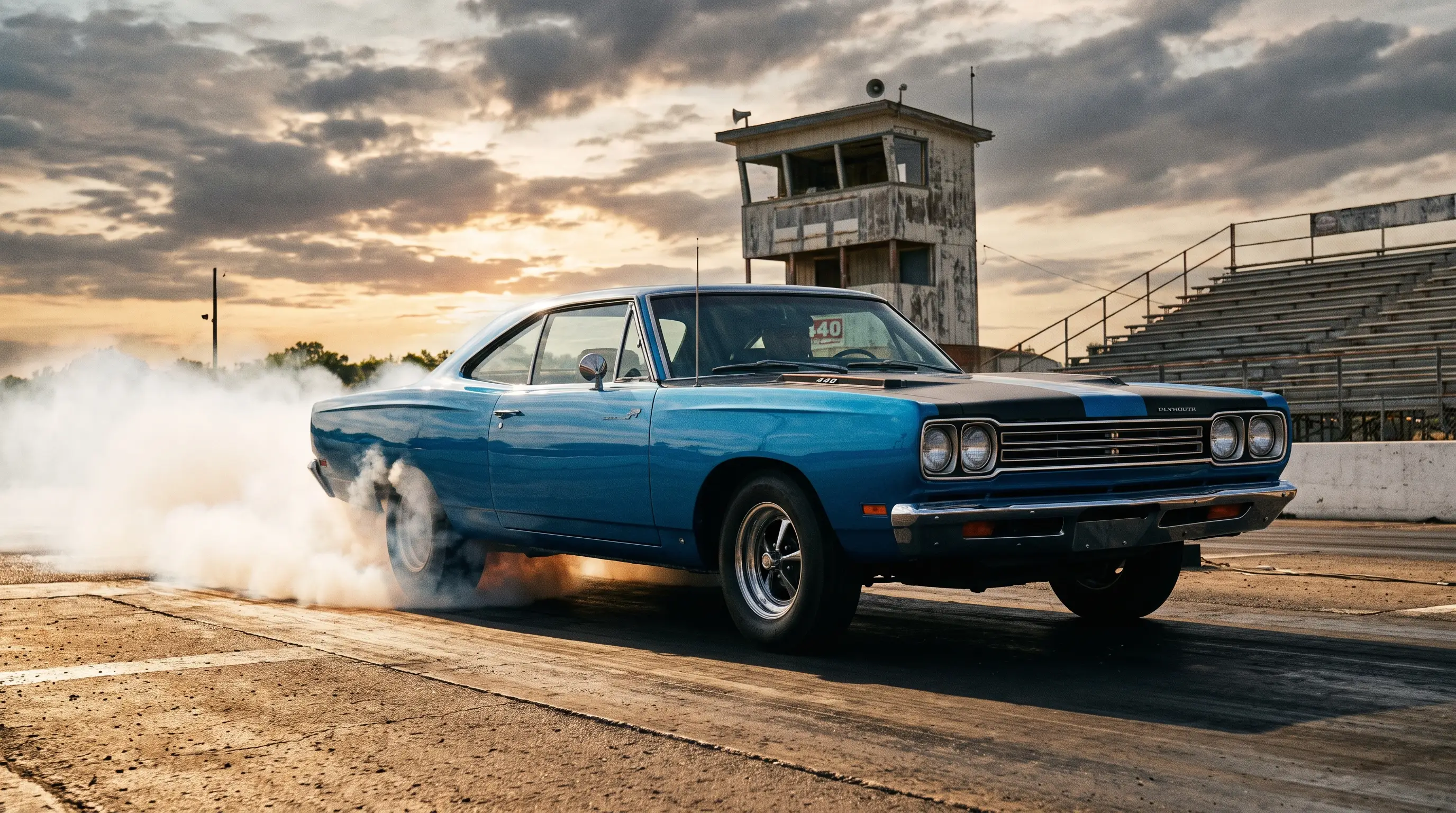 Blue 1969 Plymouth Road Runner launching with tire smoke at drag strip