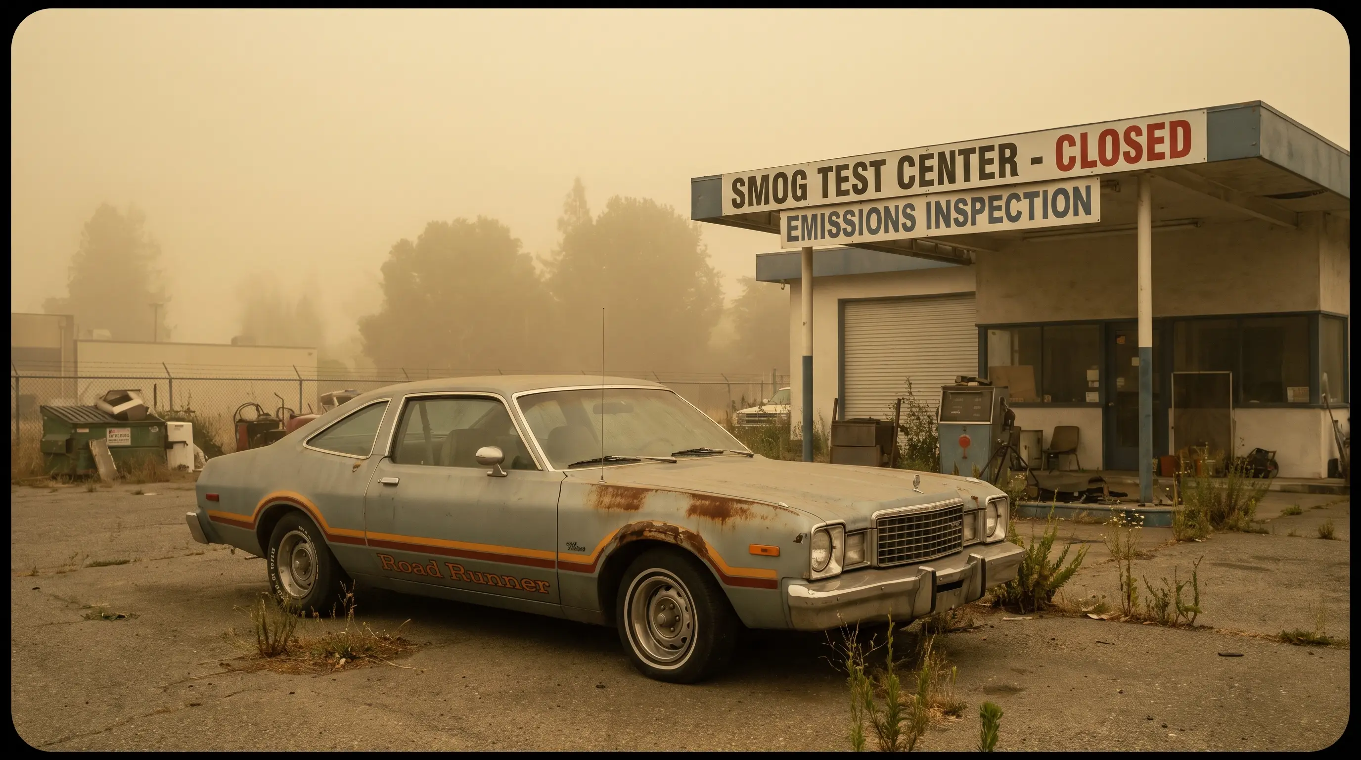 Late 1970s Plymouth Road Runner outside an empty smog check station