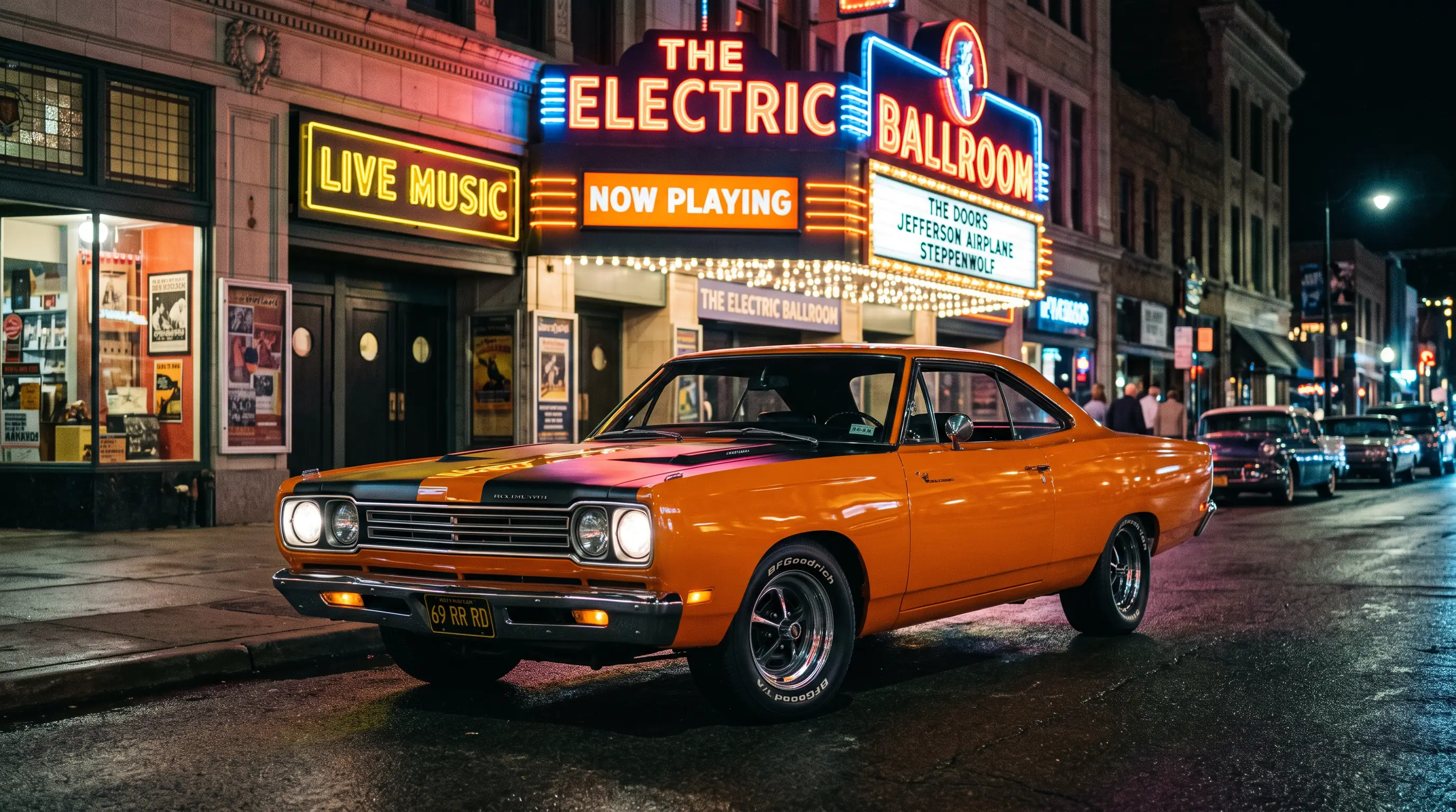 Orange 1969 Plymouth Road Runner outside a neon lit music venue at night