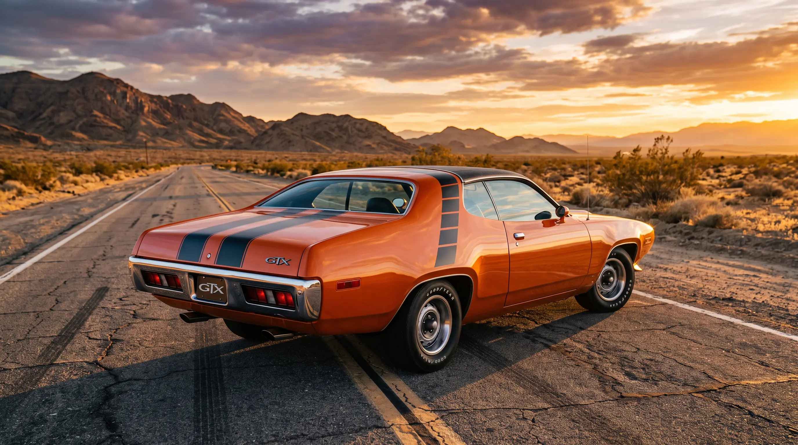 Orange 1971 Plymouth GTX with black stripes on an open desert highway at sunset