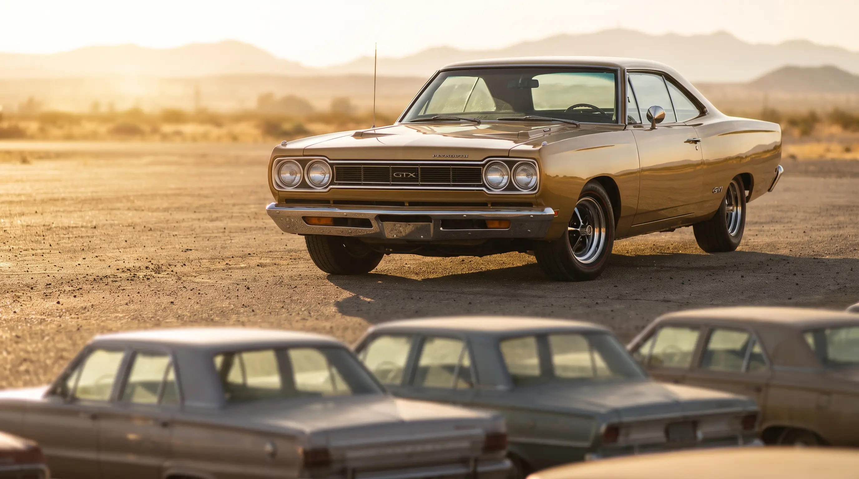 Gold Plymouth GTX towering above a blurred line of Belvedere sedans in warm sunlight