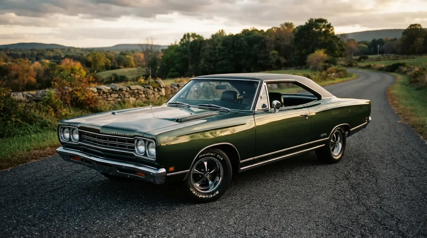 1968 Plymouth GTX in dark green with hood scoops