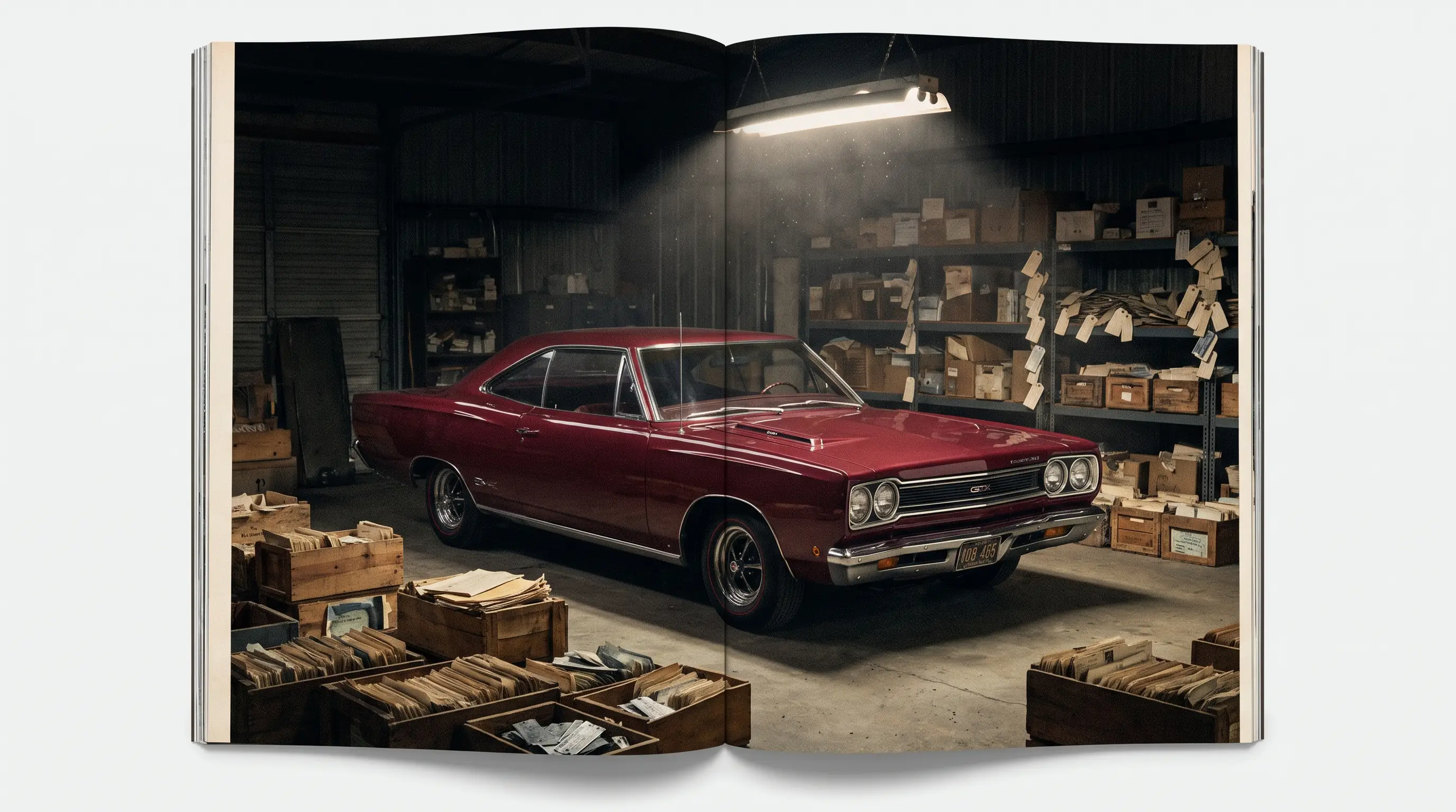 Red 1968 Plymouth GTX parked in a dim warehouse of stacked factory documentation crates