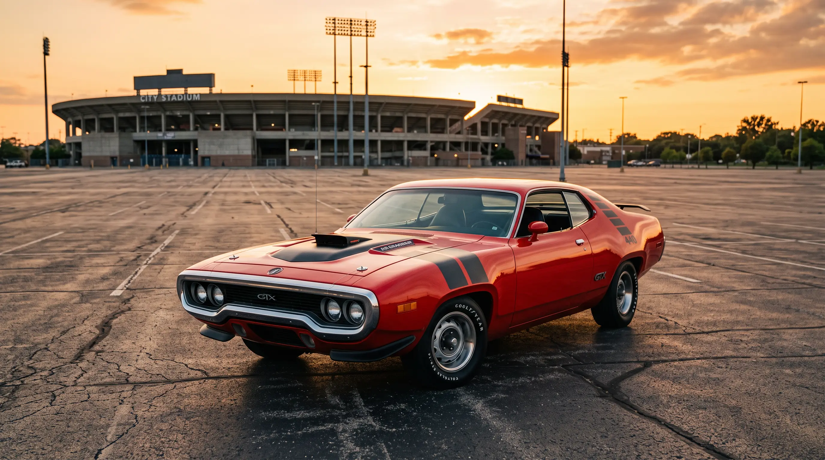1972 Plymouth Road Runner GTX in red parked in an empty lot at golden hour