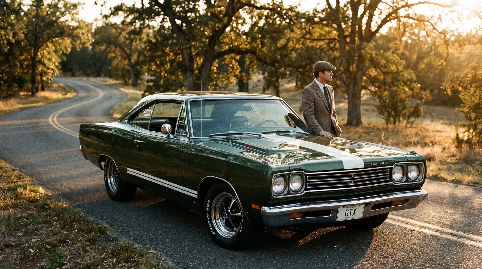 Classic Plymouth GTX muscle car three-quarter front view
