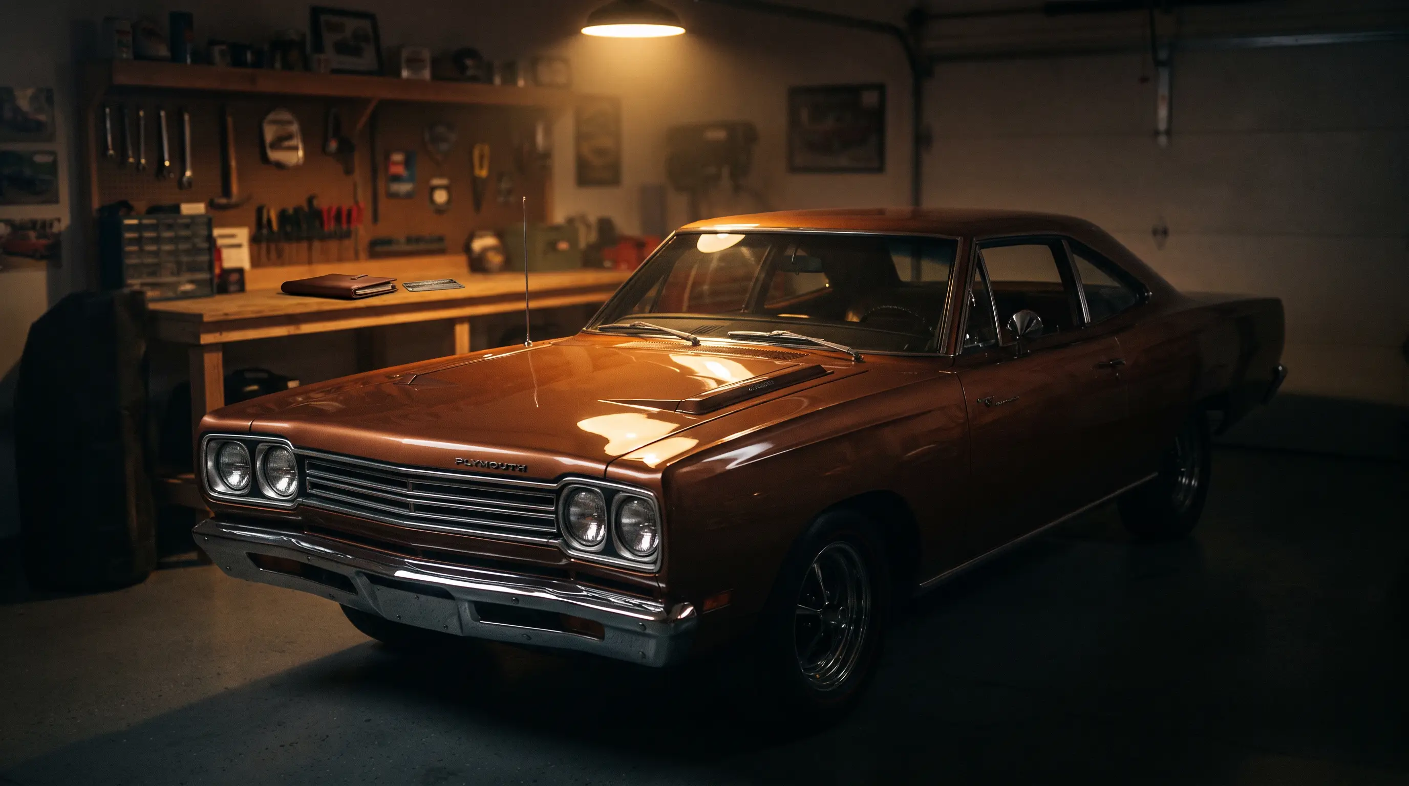 Bronze 1968 Plymouth GTX spotlighted in a dim collector garage