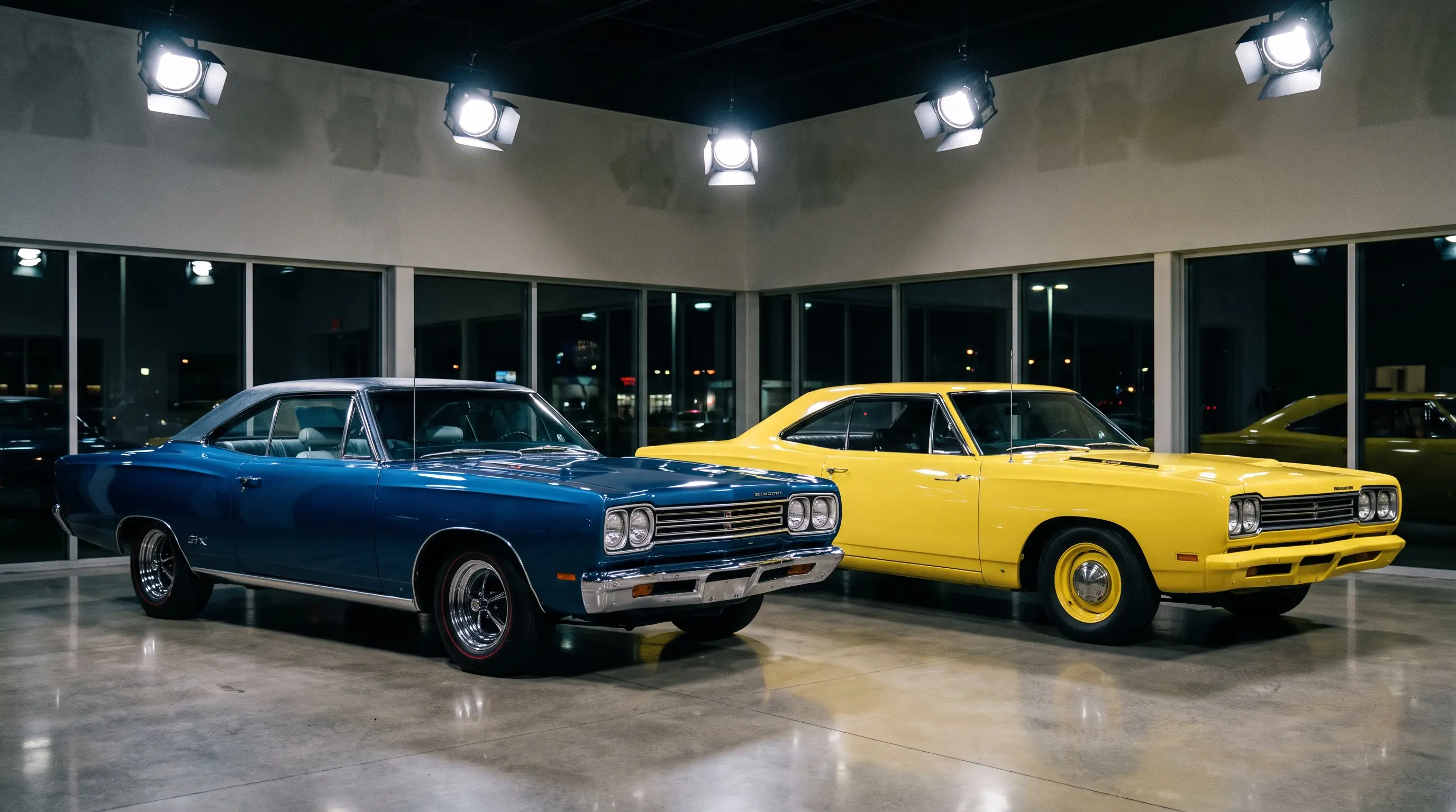 Blue Plymouth GTX and yellow Road Runner parked side by side under bright showroom lighting