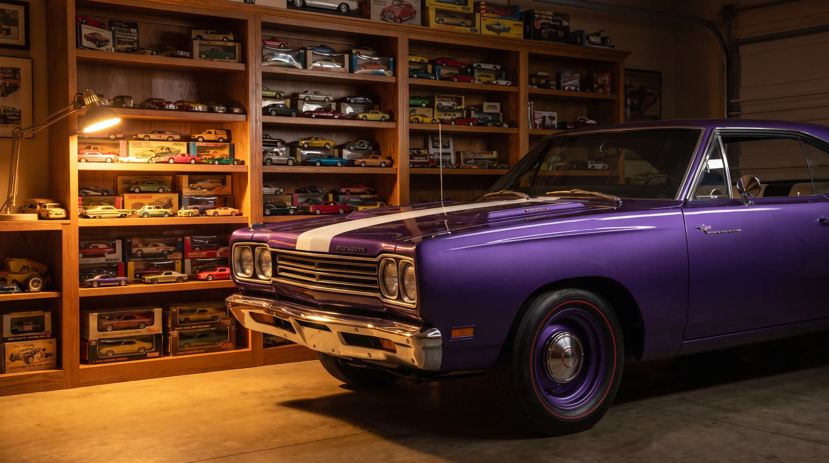 Plymouth Road Runner beside a shelf of vintage die cast toy cars