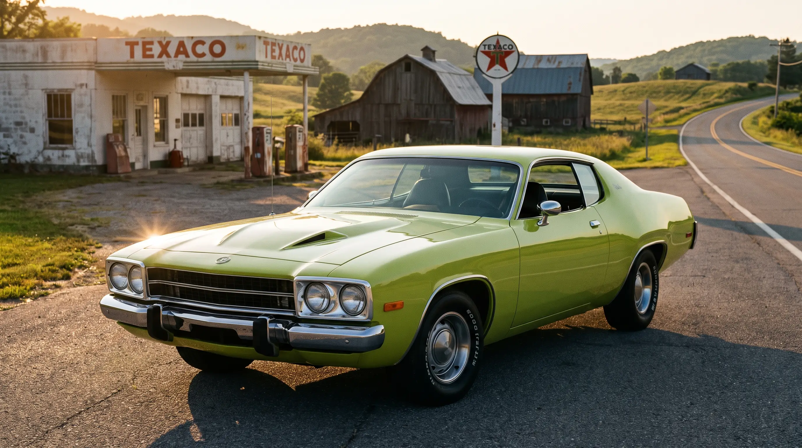 Lime green 1973 Plymouth Road Runner on a rural highway at golden hour