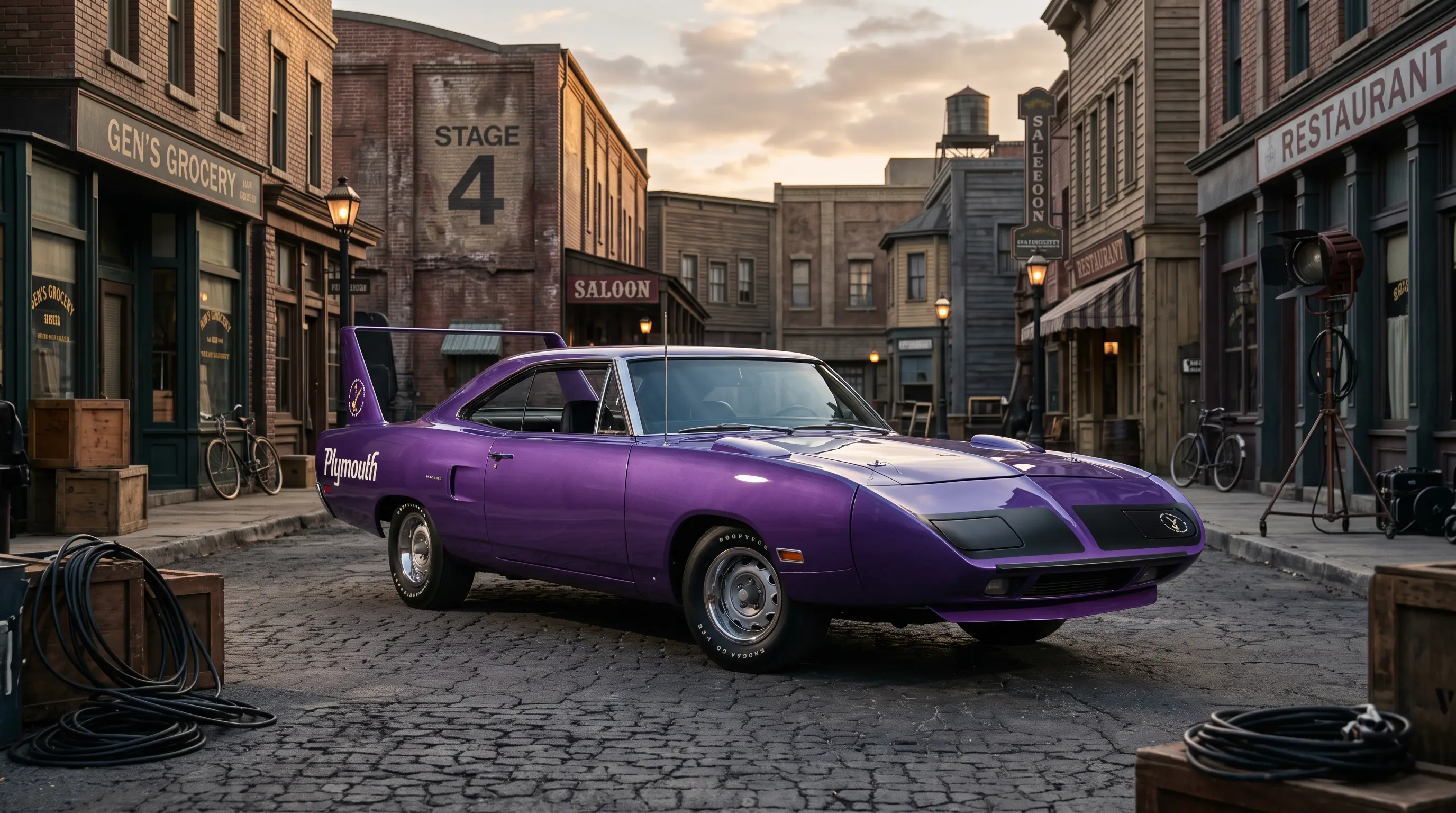 Purple 1970 Plymouth Road Runner parked on a film studio backlot street under dramatic light