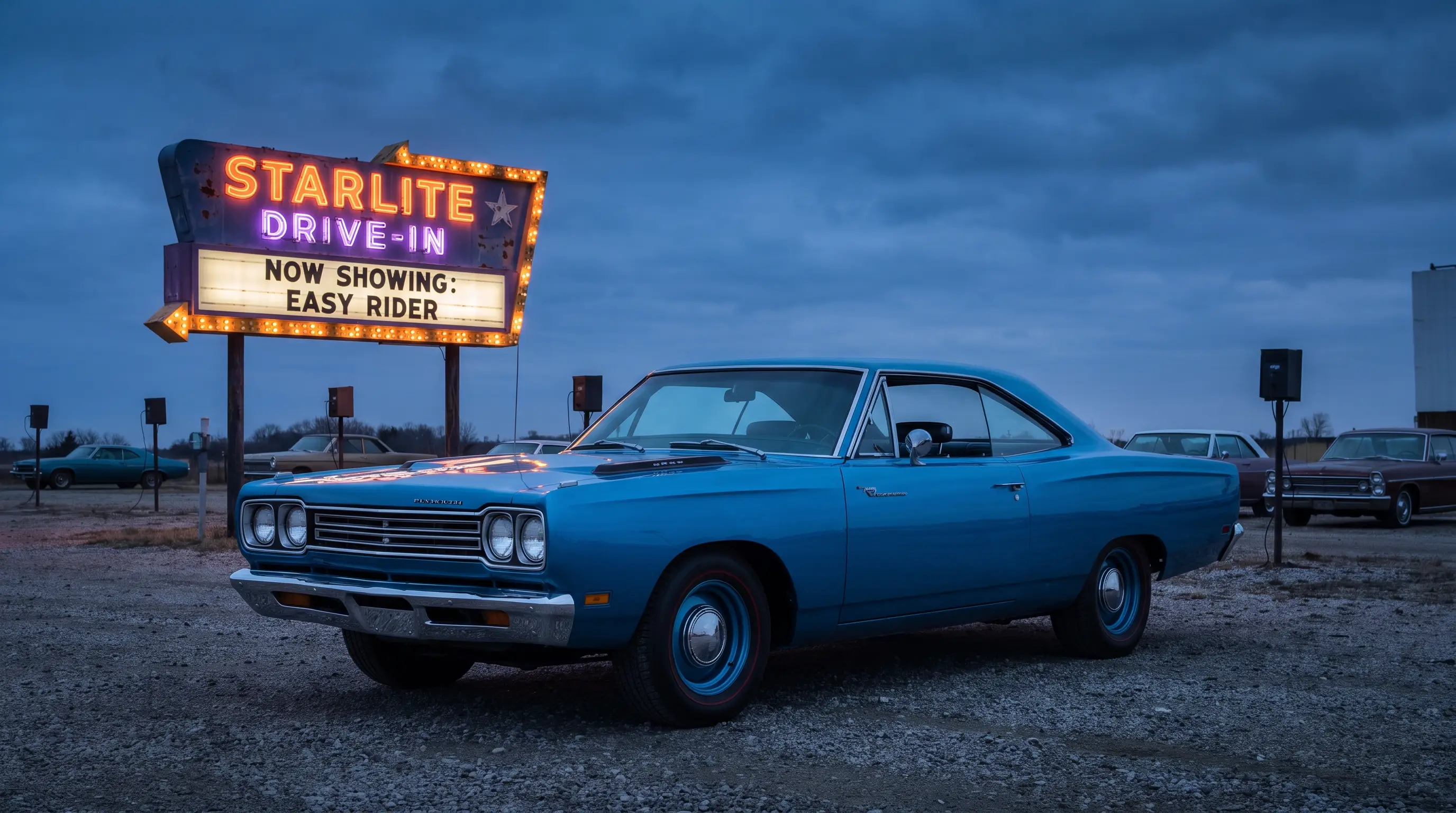 Blue 1969 Plymouth Road Runner parked at a drive-in theater at dusk