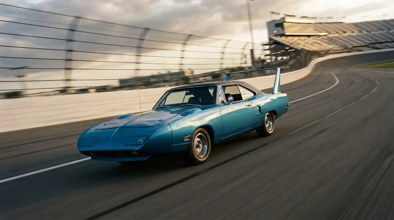 1970 Plymouth Superbird racing on a NASCAR superspeedway with tall rear wing