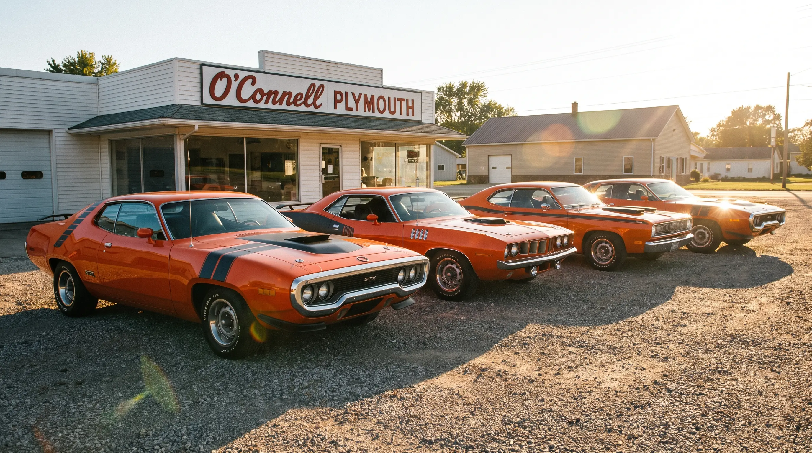 Fleet of orange Plymouth Rapid Transit System muscle cars at a dealership