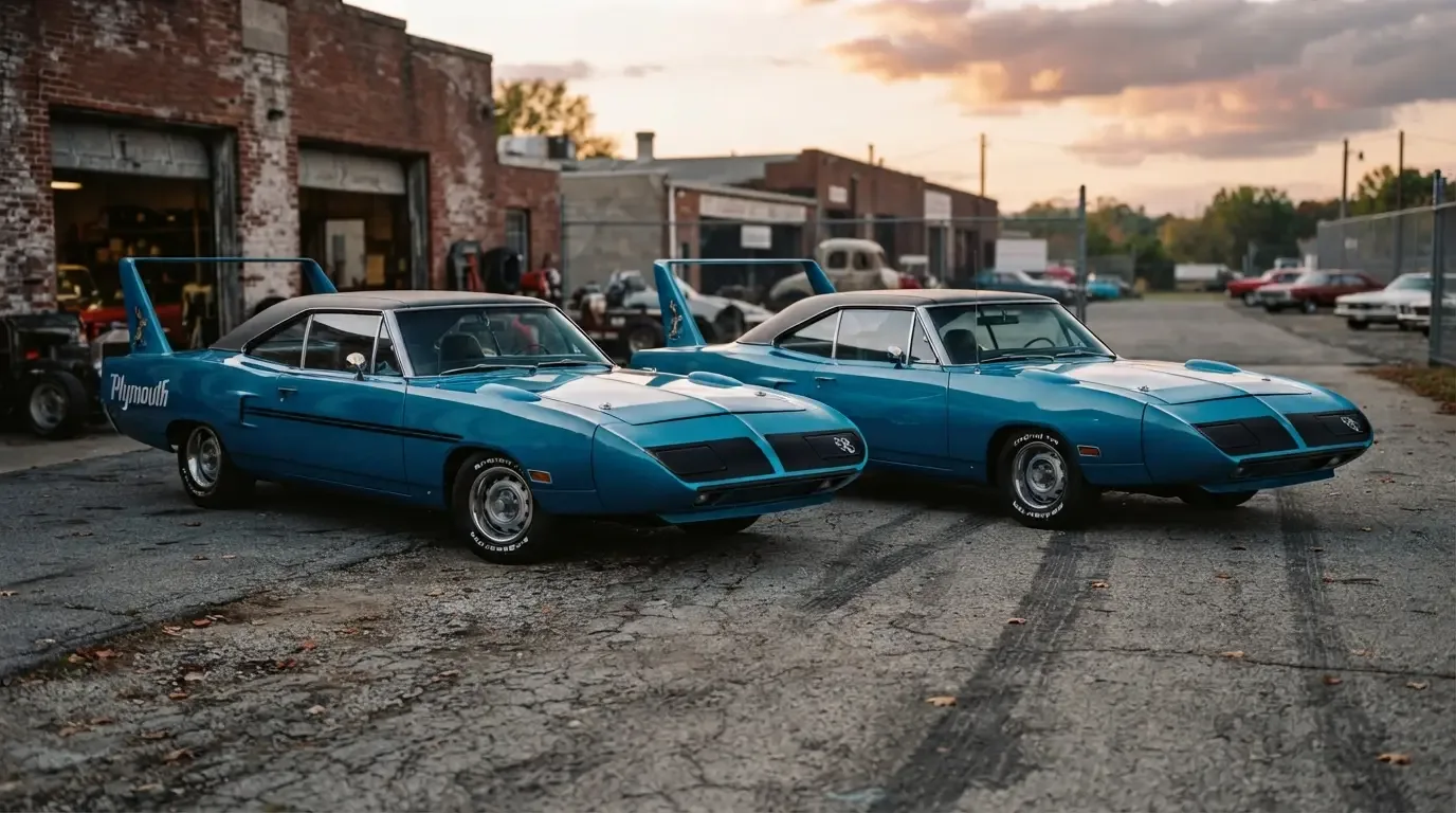 Two nearly identical 1970 Plymouth Superbirds parked side by side
