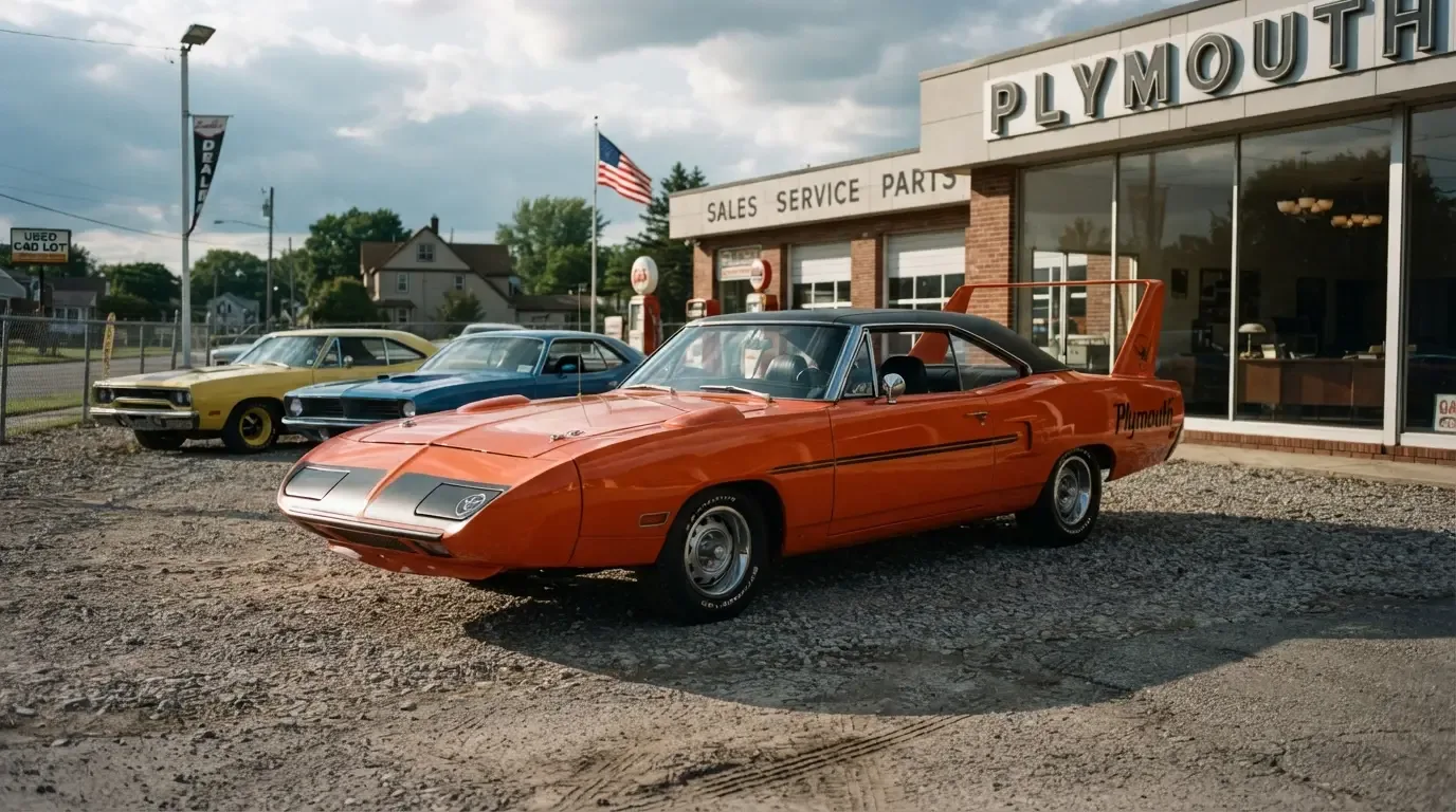 Unsold 1970 Plymouth Superbird on a period Plymouth dealership lot
