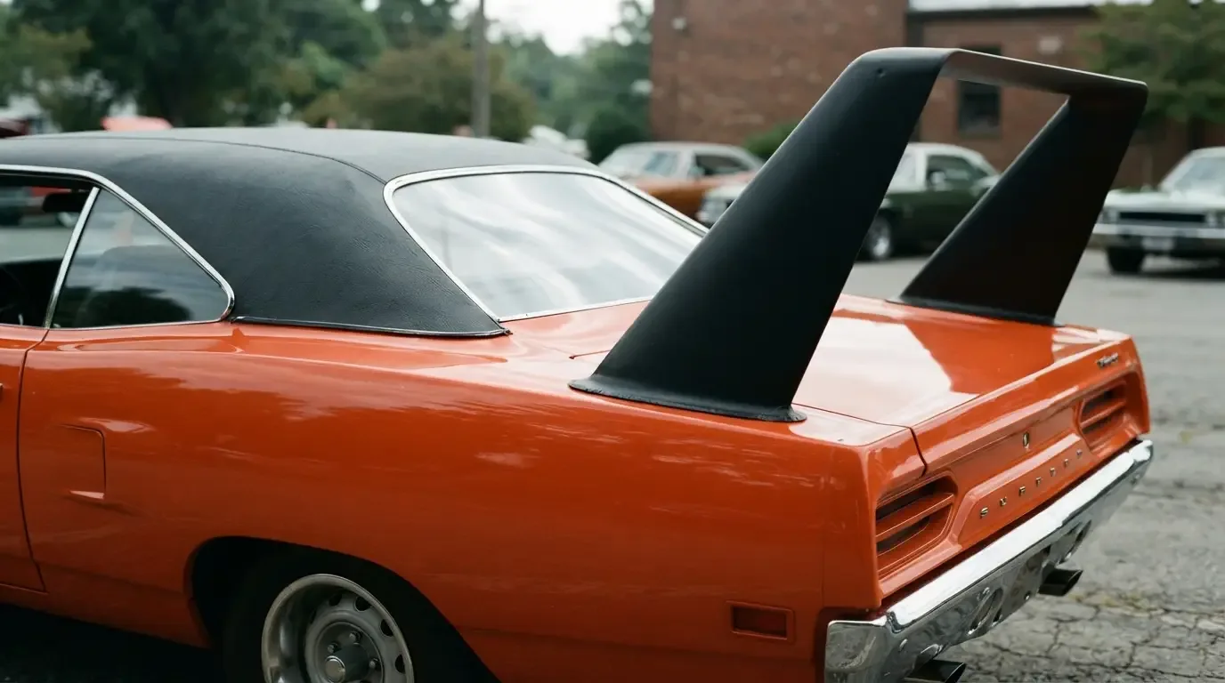 Close-up of 1970 Plymouth Superbird vinyl roof and rear window seam