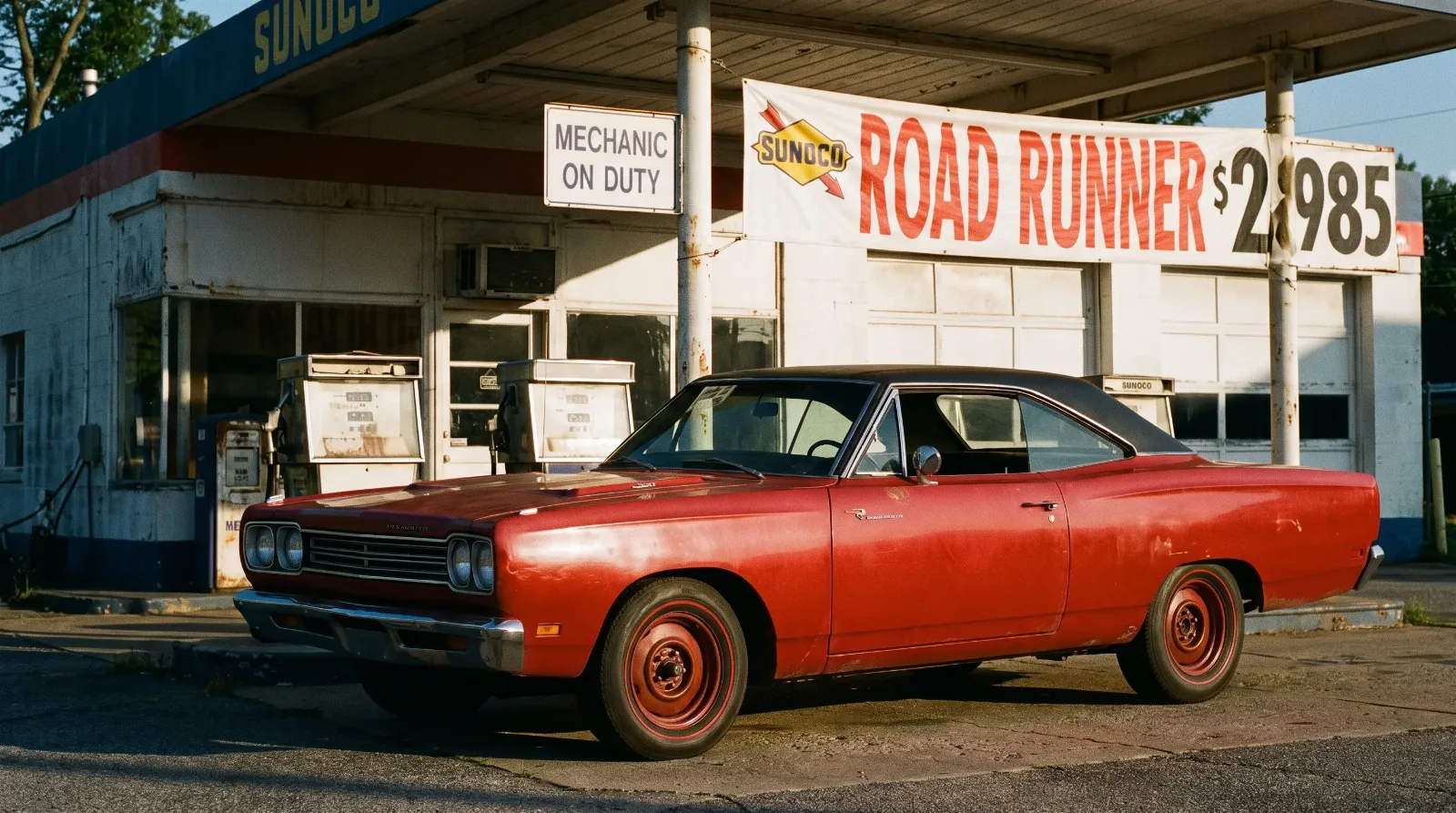 1968 Plymouth Road Runner at a period gas station, three-quarter front view