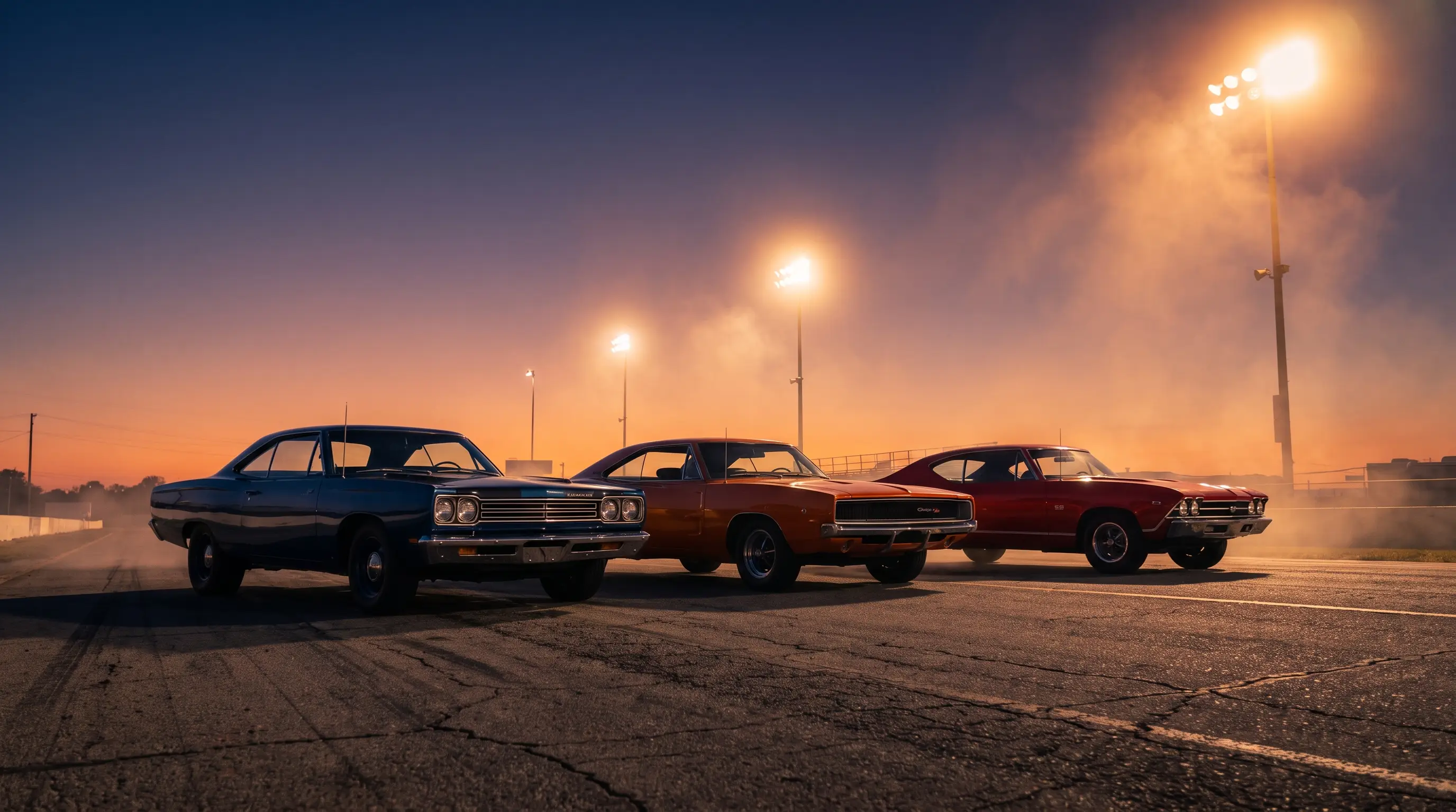 Road Runner, Charger and Chevelle lined up at a dragstrip under stadium lights